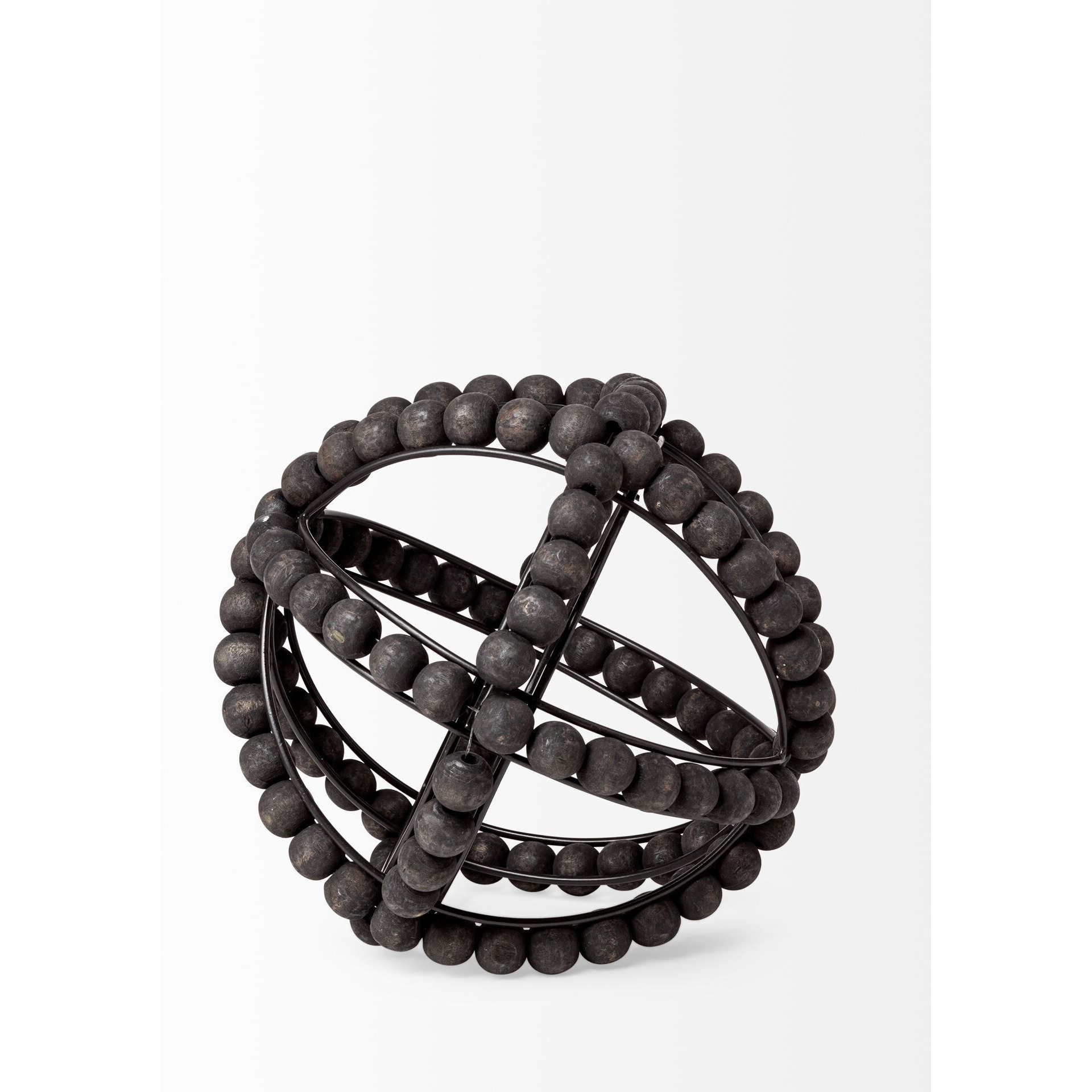 9"" Black Wooden Bead And Metal Orb Sculpture