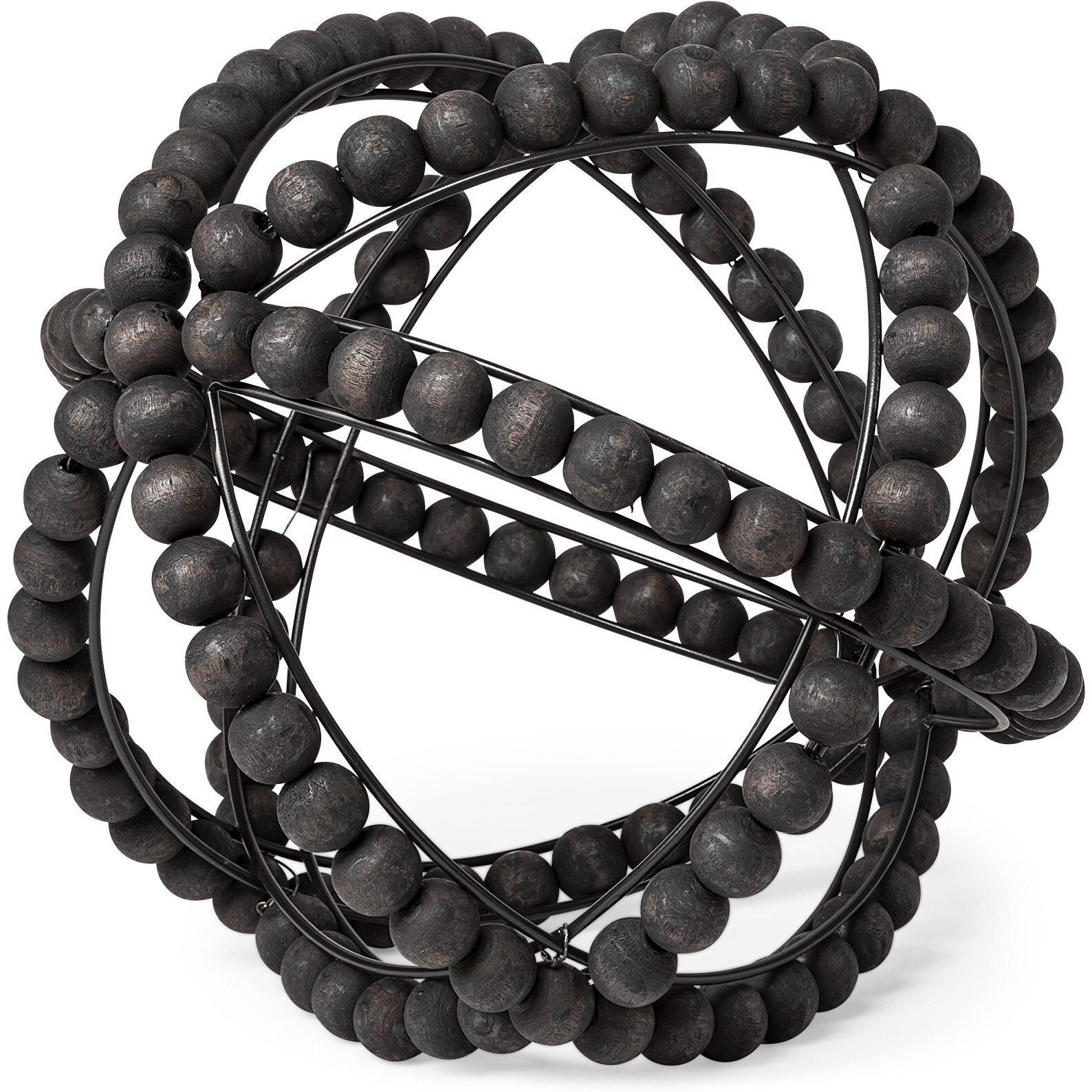 11"" Black Wooden Bead And Metal Orb Sculpture