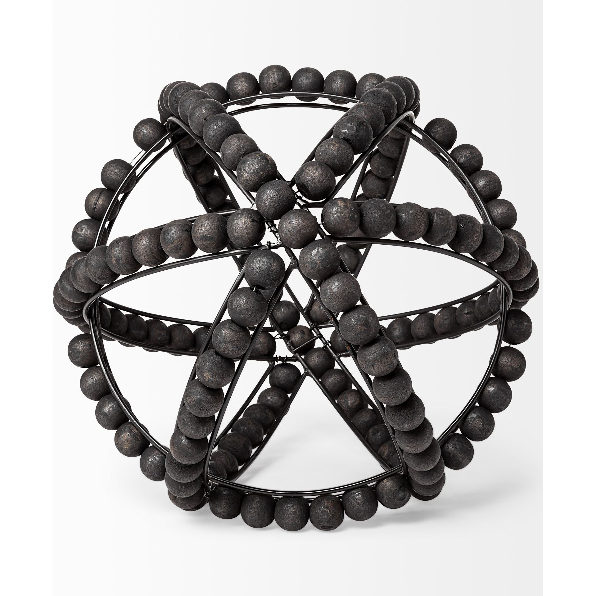 11"" Black Wooden Bead And Metal Orb Sculpture