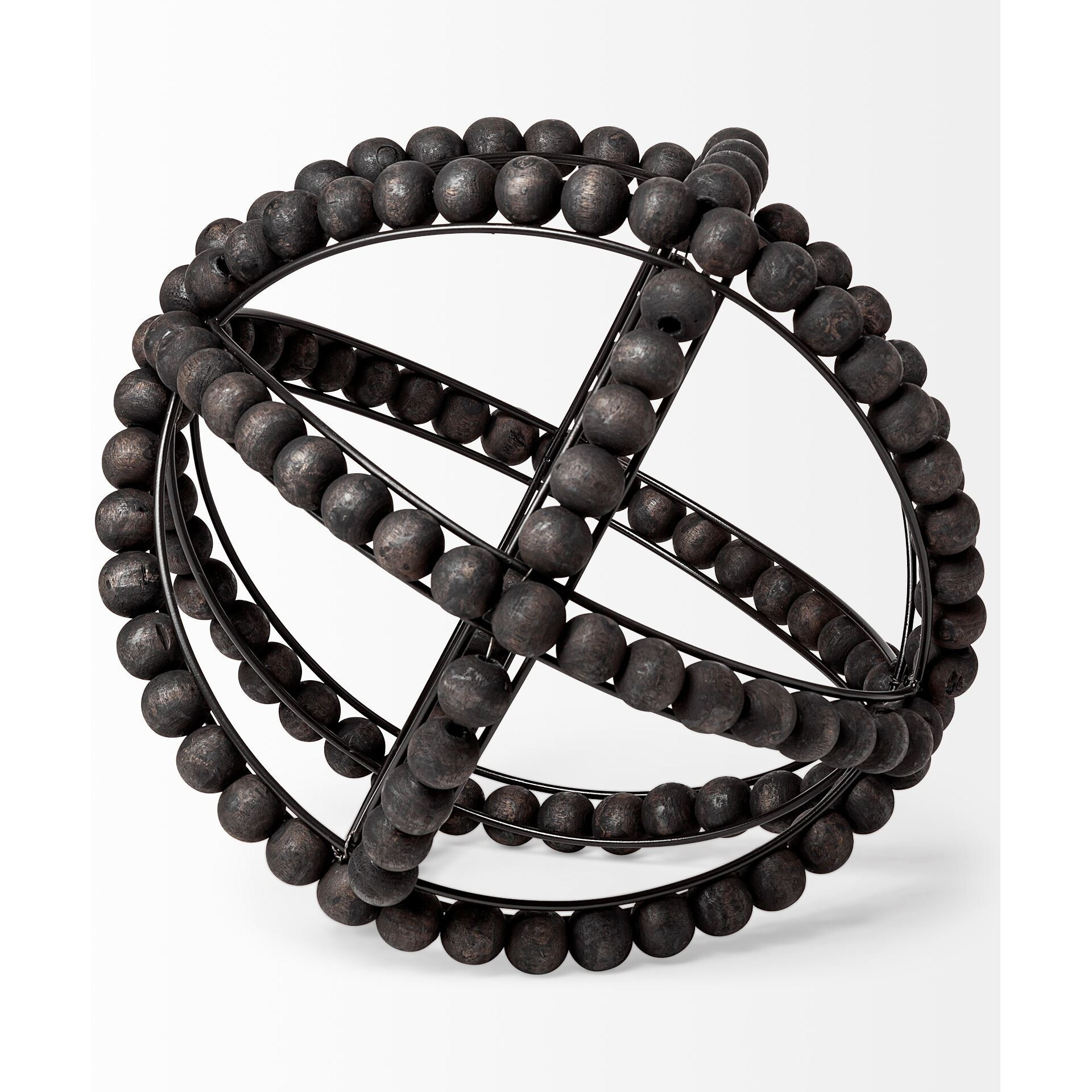 11"" Black Wooden Bead And Metal Orb Sculpture