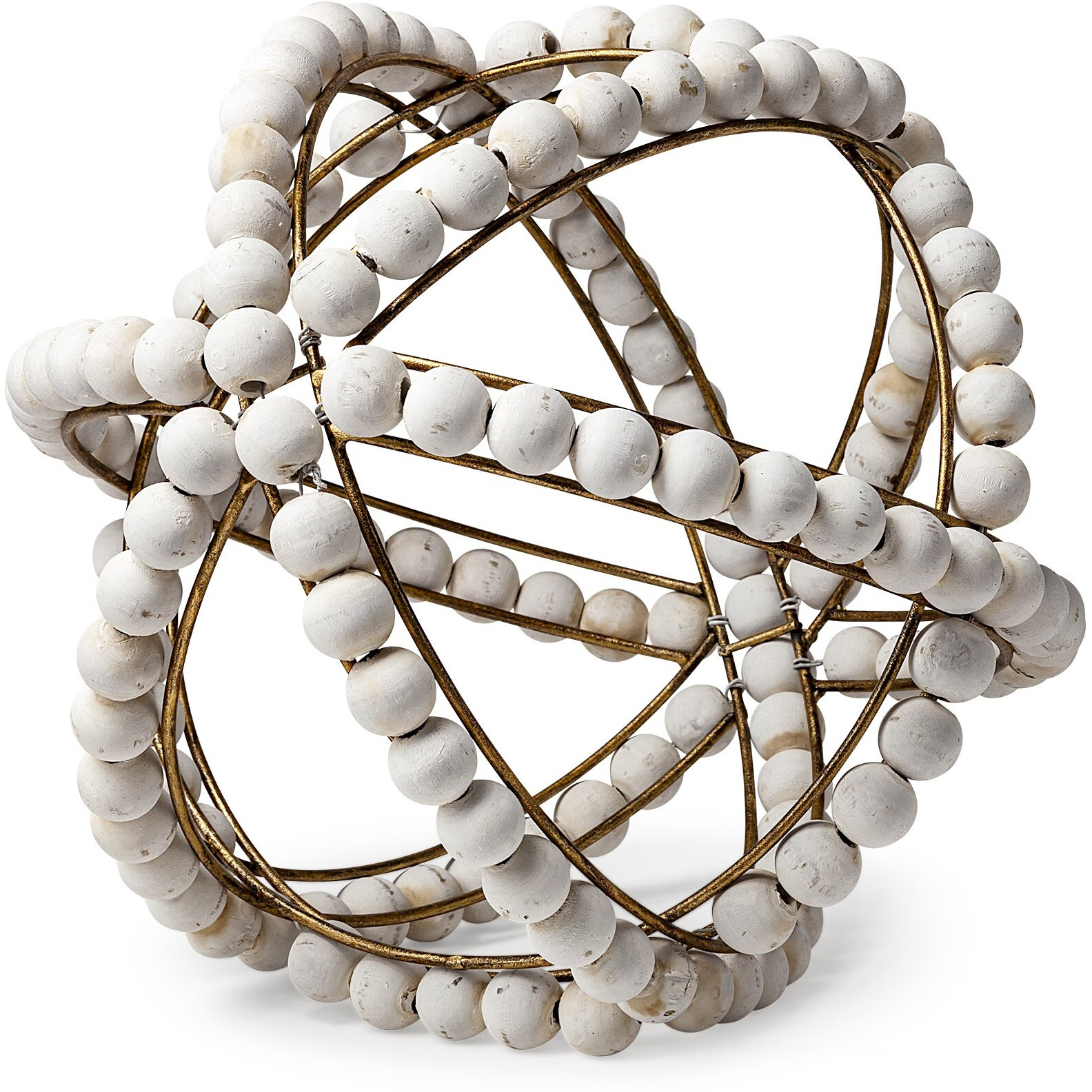 11"" White Wood Bead And Gold Orb Sculpture
