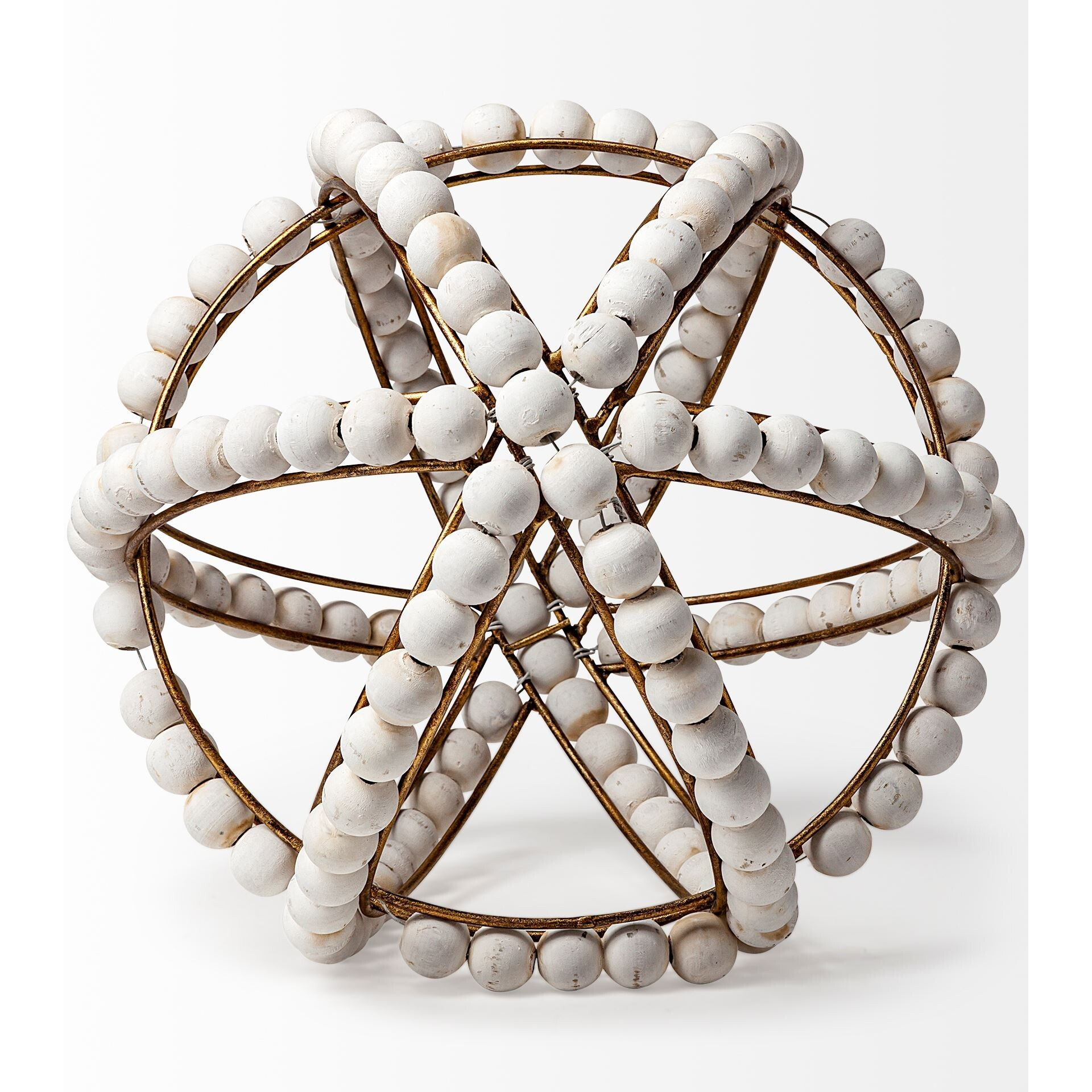 11"" White Wood Bead And Gold Orb Sculpture