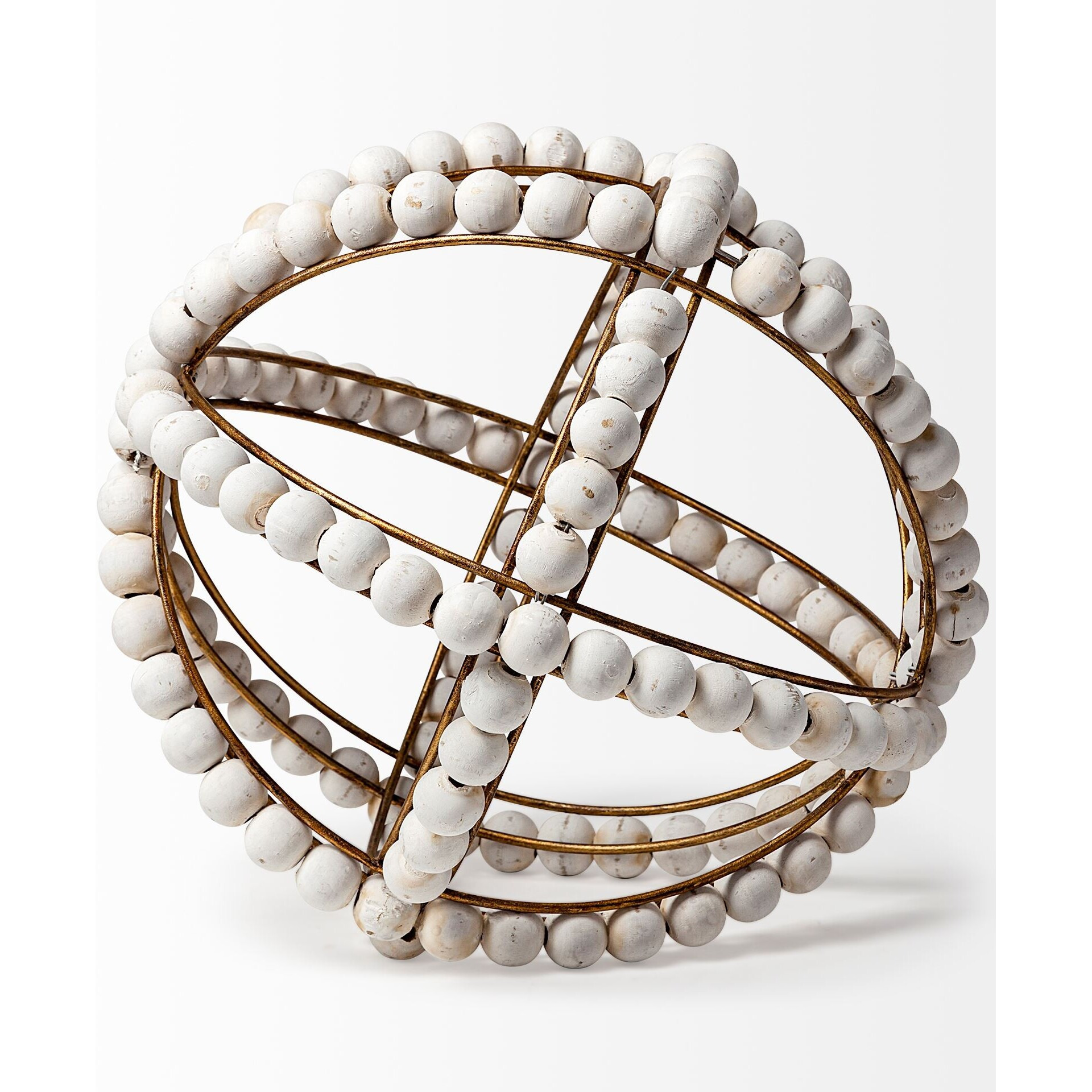11"" White Wood Bead And Gold Orb Sculpture