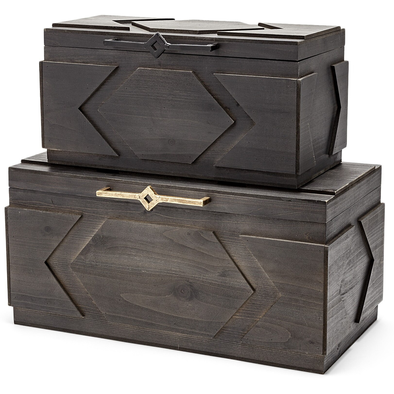 Set Of Two Brown Detailed Wooden Boxes