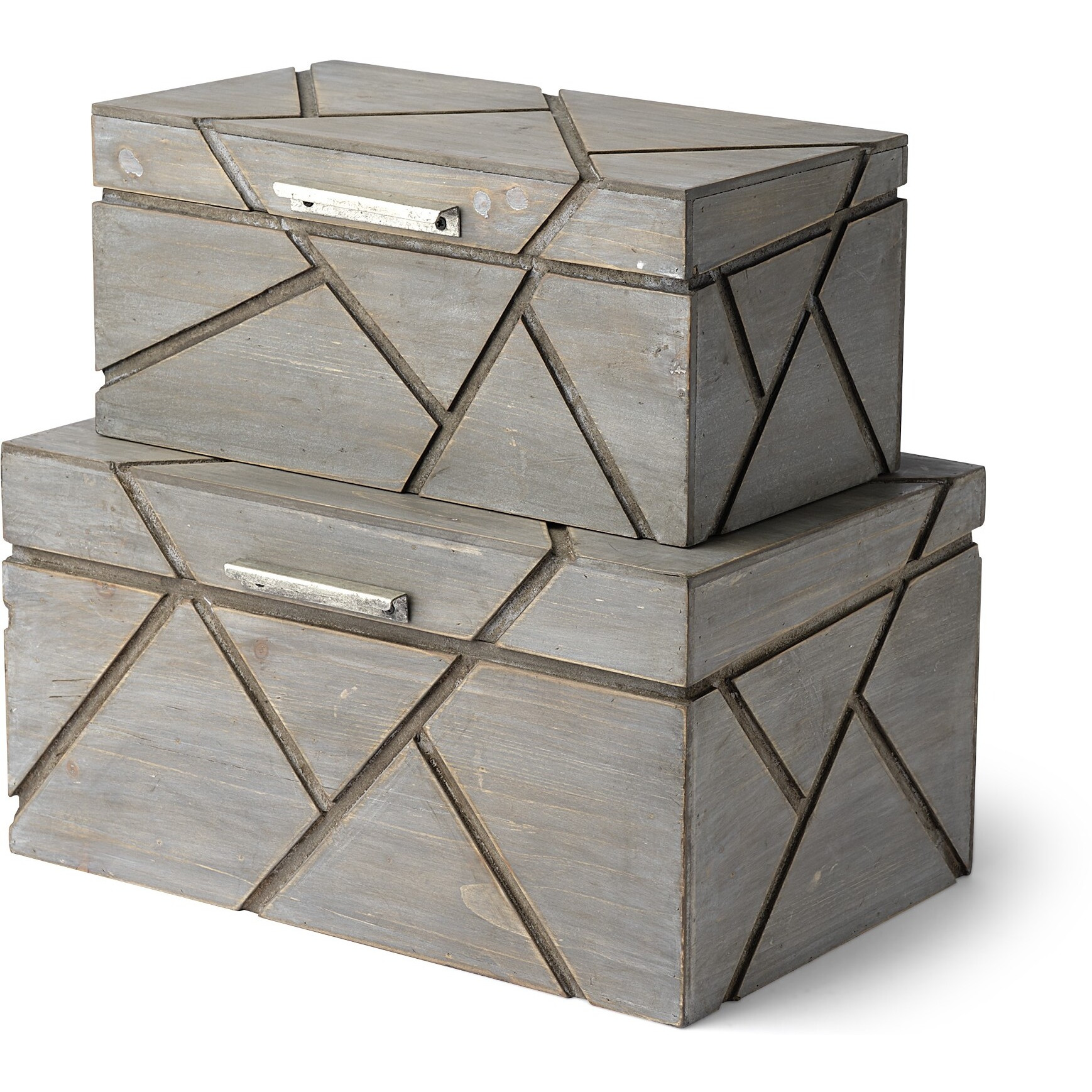 Set Of Two Gray Wooden Boxes With Carved Details