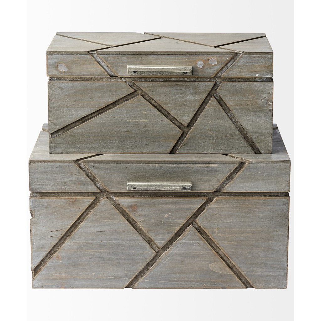 Set Of Two Gray Wooden Boxes With Carved Details