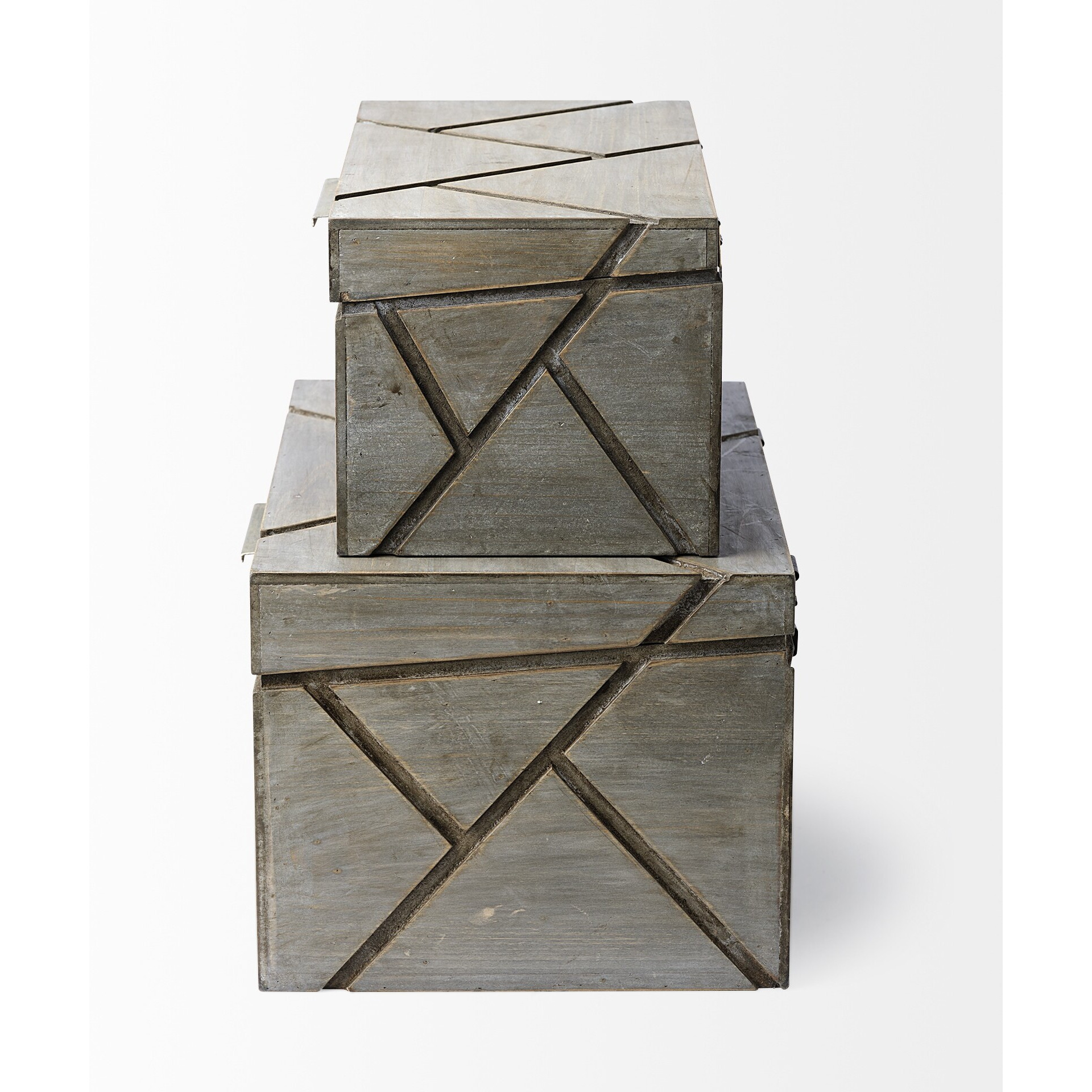 Set Of Two Gray Wooden Boxes With Carved Details