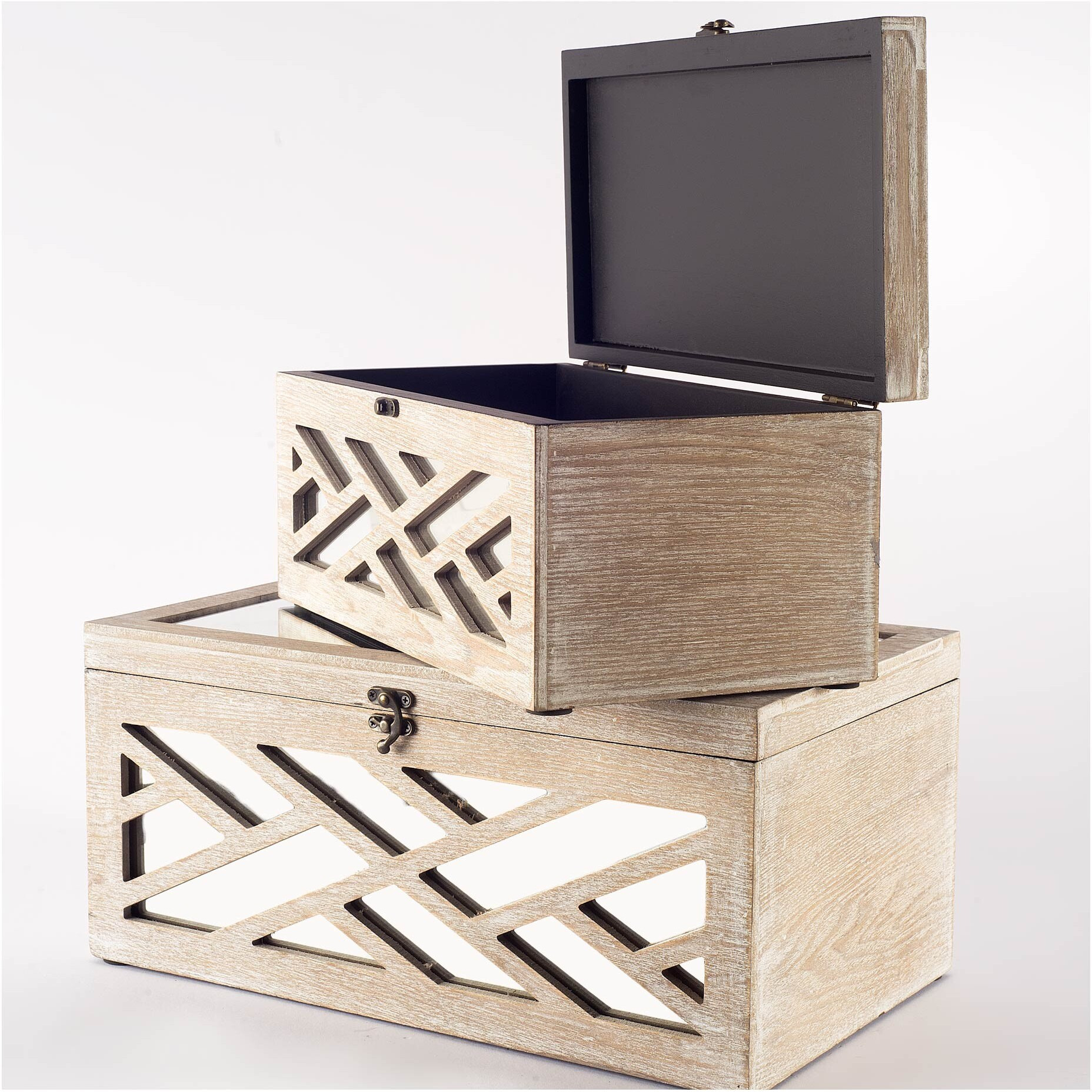 Set Of Two Off White Mirrored Wooden Boxes