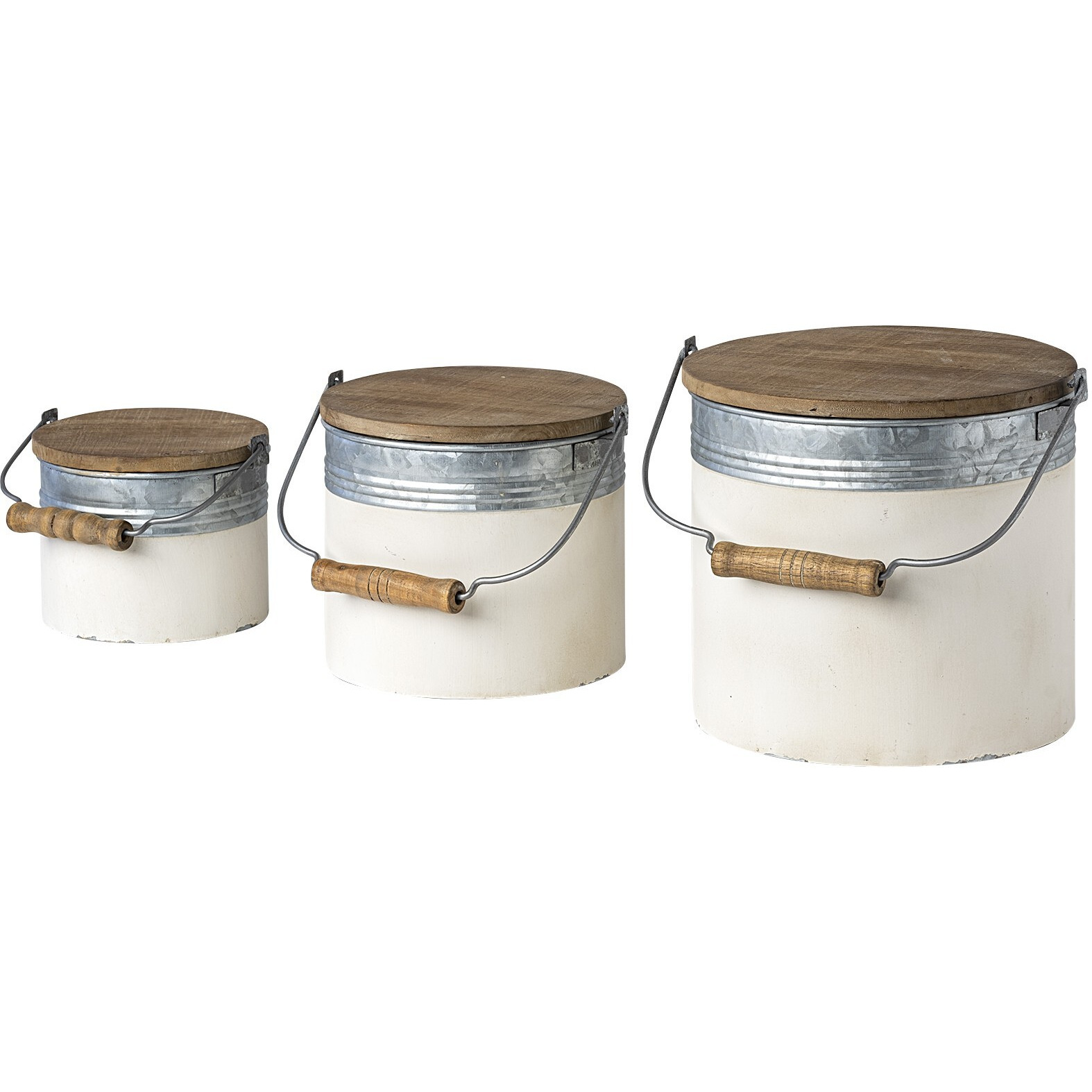Set Of Three Rustic White Metal Storage Cans