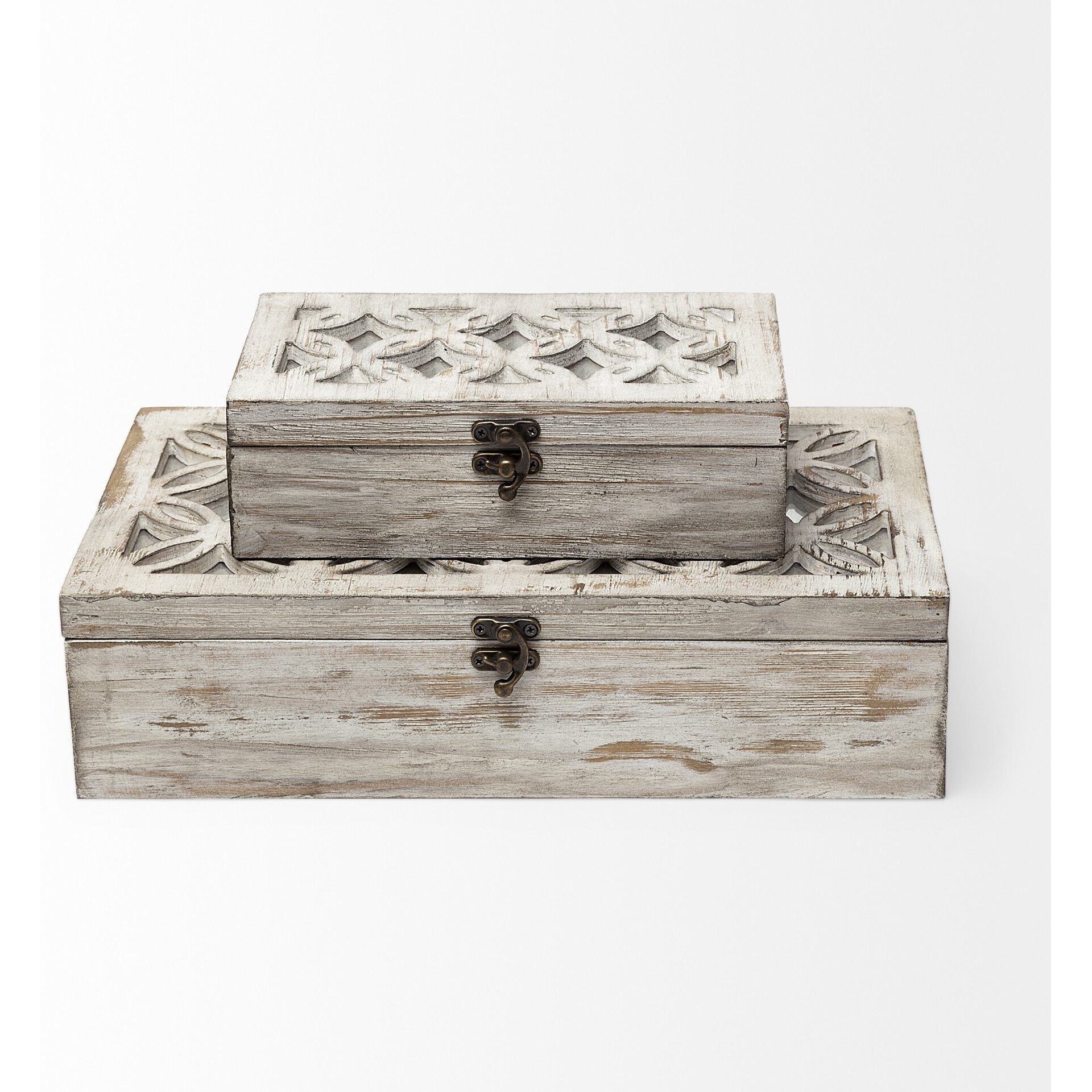 Set Of Two Distressed White Wooden Boxes