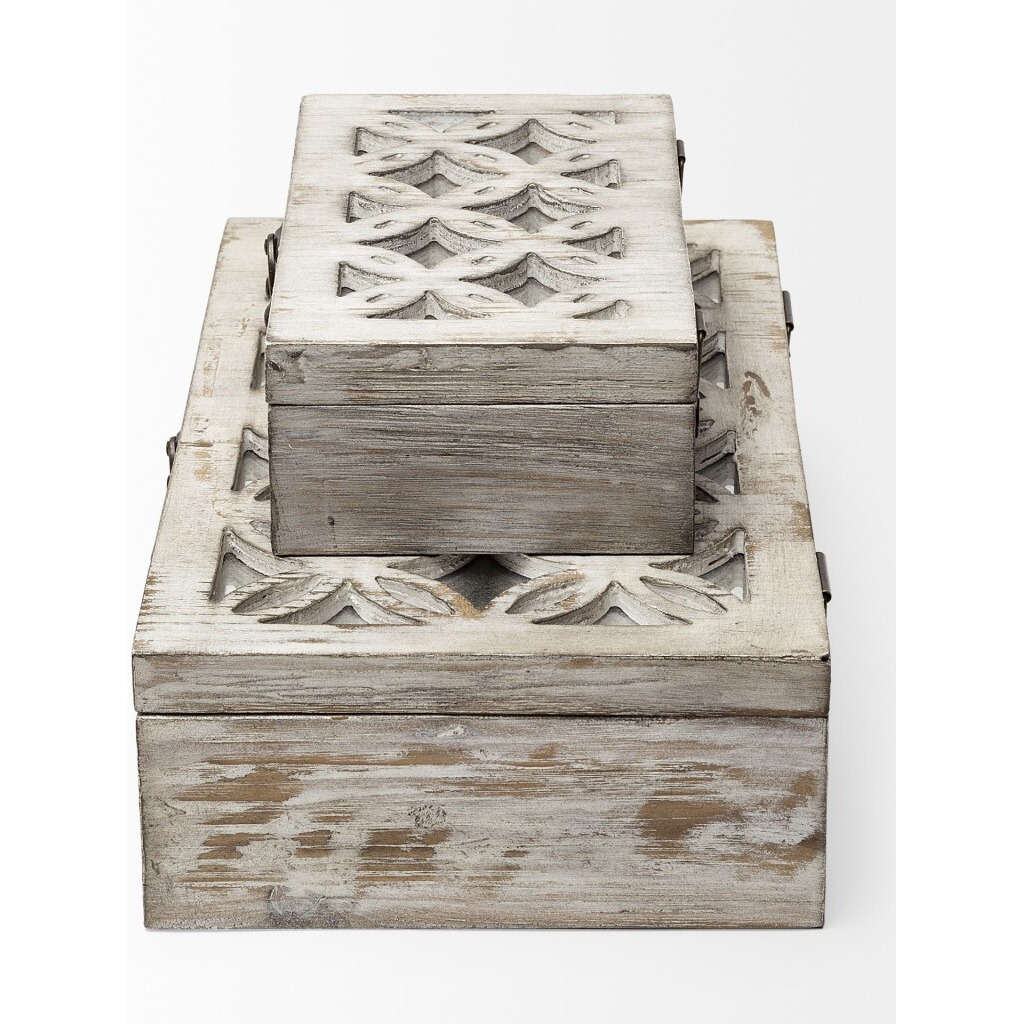 Set Of Two Distressed White Wooden Boxes