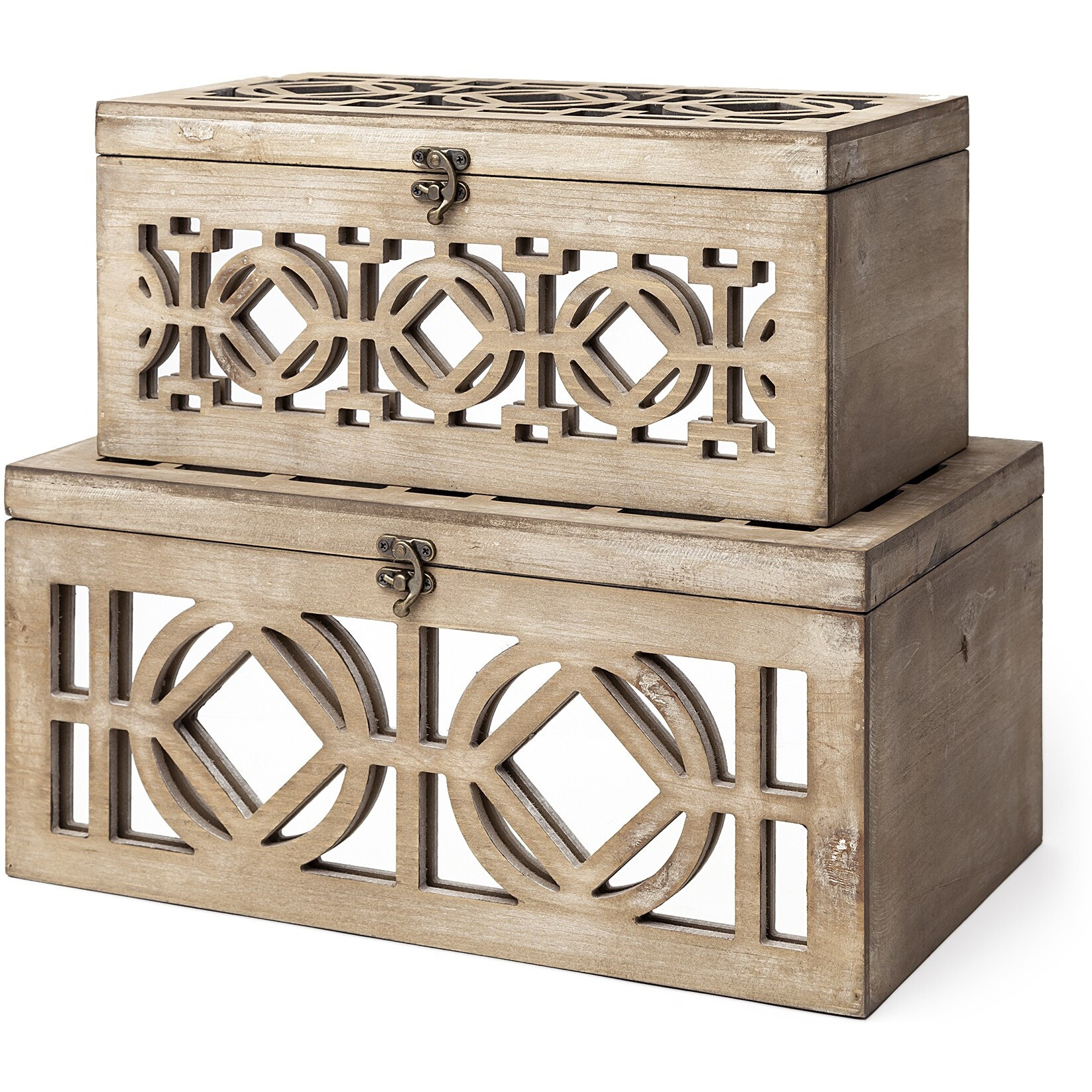 Set Of Two Brown Mirrored Wooden Boxes
