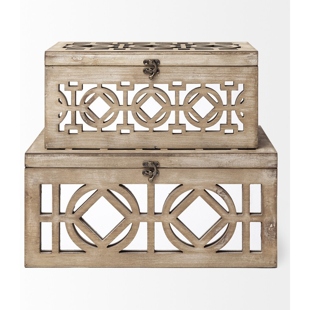 Set Of Two Brown Mirrored Wooden Boxes