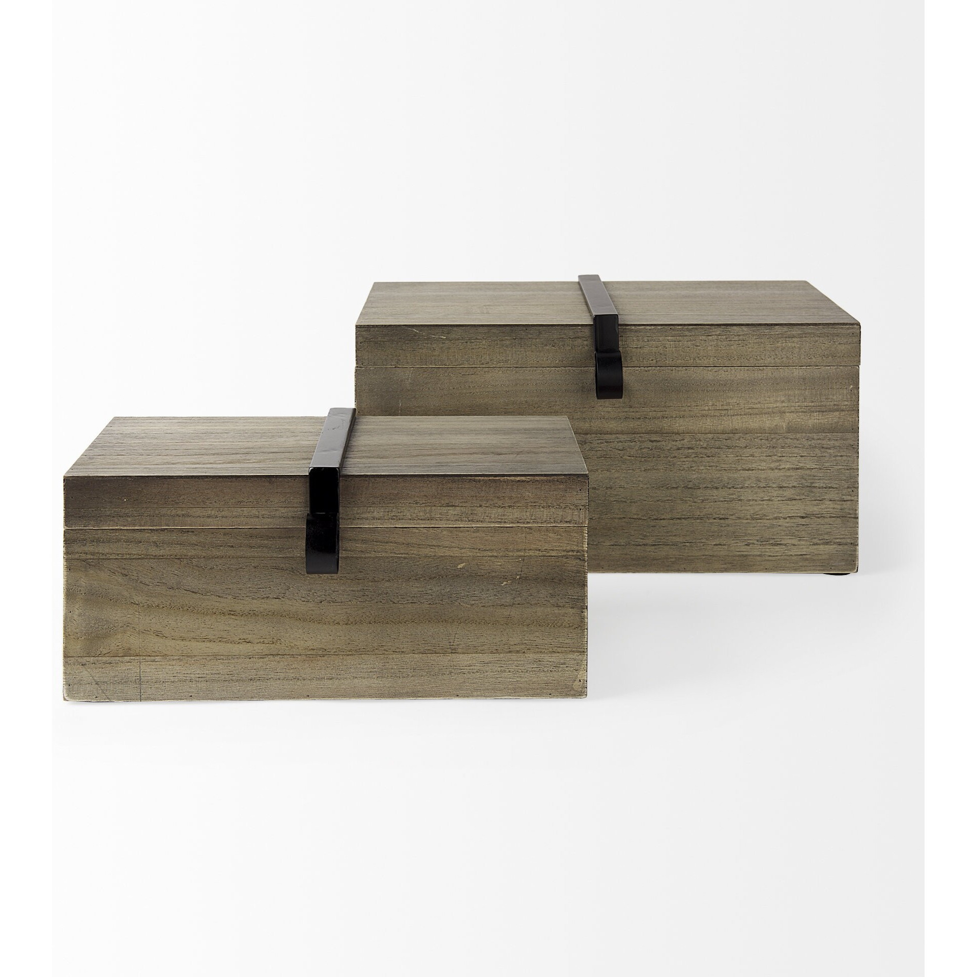 Set Of Two Brown Wooden Boxes With Metal Detailing
