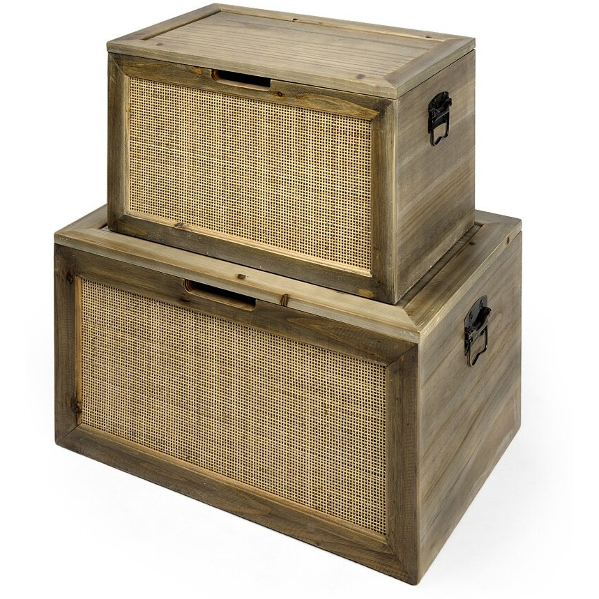 Set Of Two Wood And Cane Storage Boxes