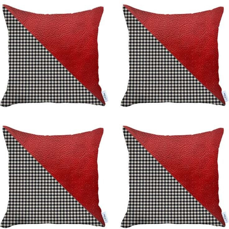 Set Of 4 Houndstooth Red Faux Leather Pillow Covers