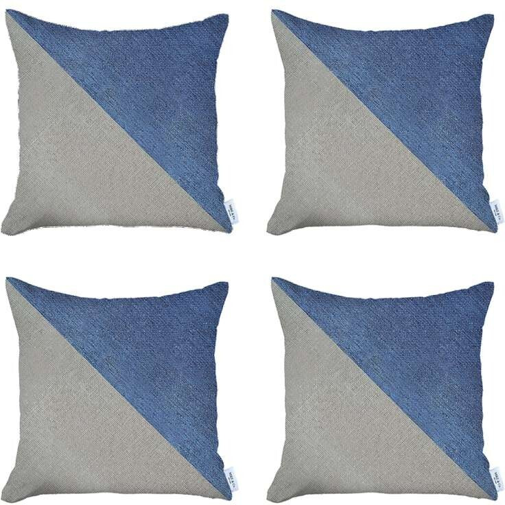 Set Of 4 White And Blue Diagonal Pillow Covers