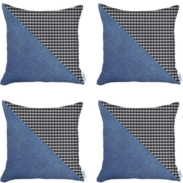 Set Of 4 Blue Houndstooth Pillow Covers