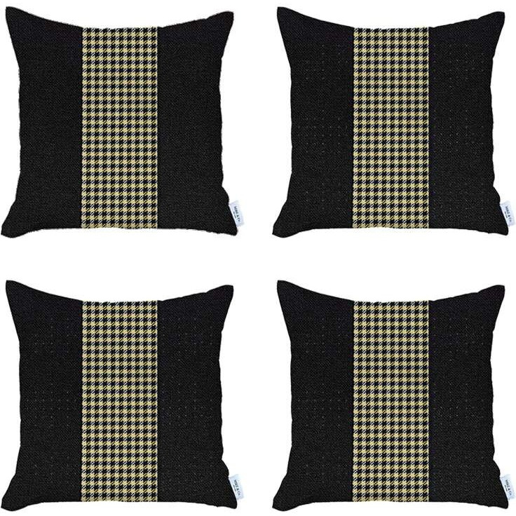 Set Of 4 Black And Yellow Houndstooth Pillow Covers