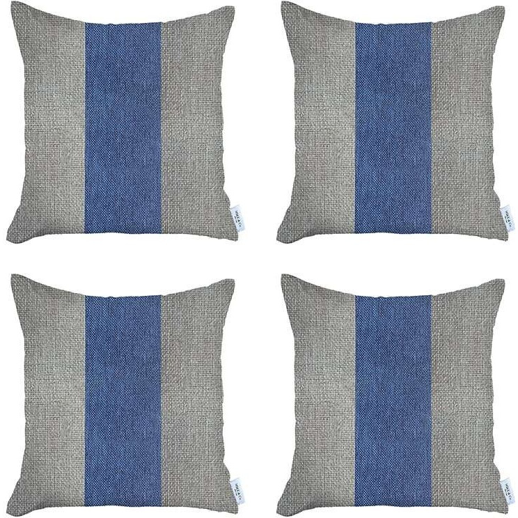 Set Of 4 Ivory And Blue Center Pillow Covers