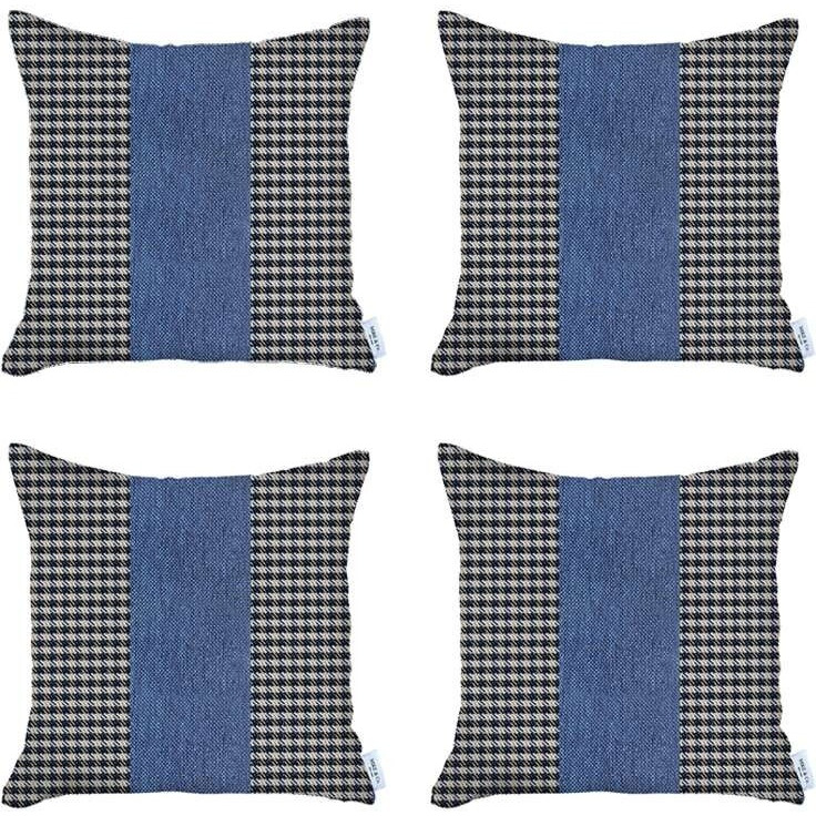 Set Of 4 Blue Houndstooth Pillow Covers