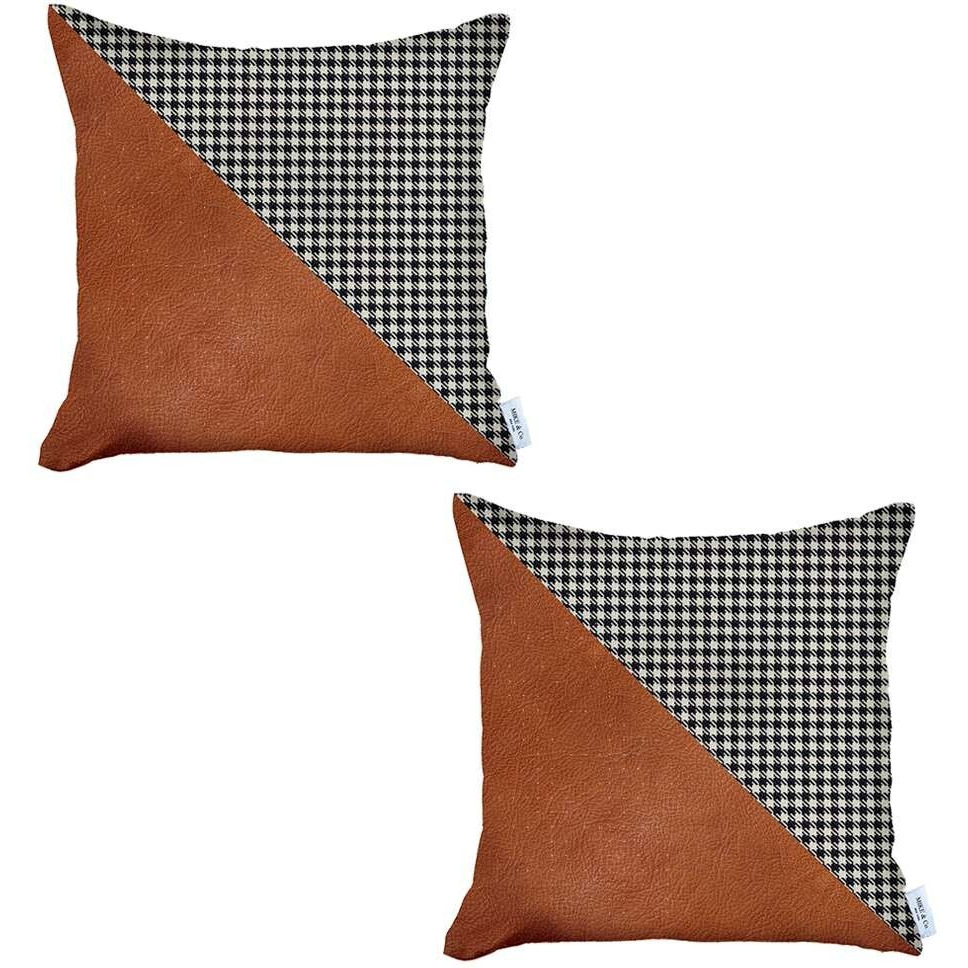 Set Of 2 Houndstooth Brown Faux Leather Pillow Covers
