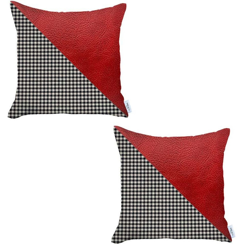 Set Of 2 Houndstooth Red Faux Leather Pillow Covers