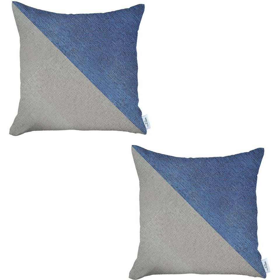 Set Of 2 Blue And Ivory Diagonal Pillow Covers