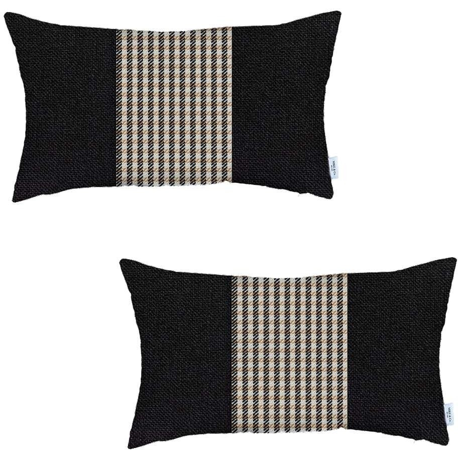 Set Of 2 Tan Mid Houndstooth Lumbar Pillow Covers