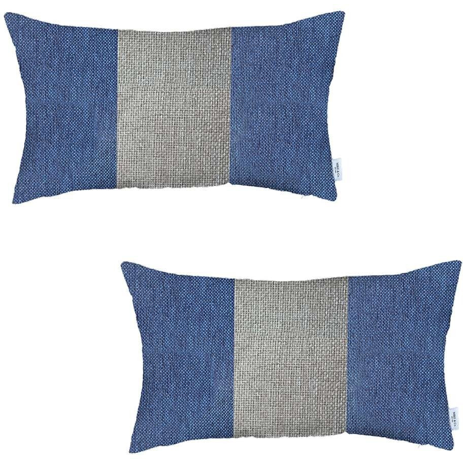 Set Of 2 Blue And Ivory Lumbar Pillow Covers