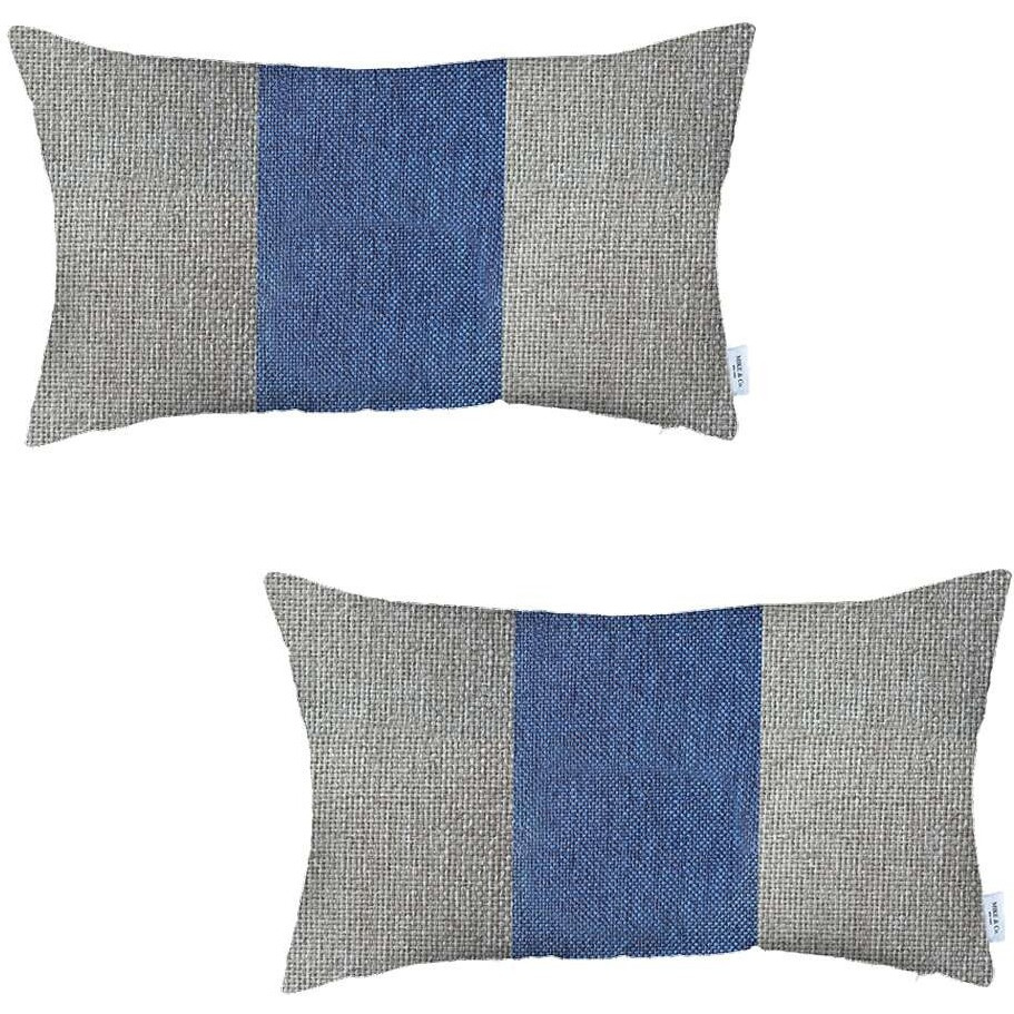 Set Of 2 Ivory And Blue Lumbar Pillow Covers