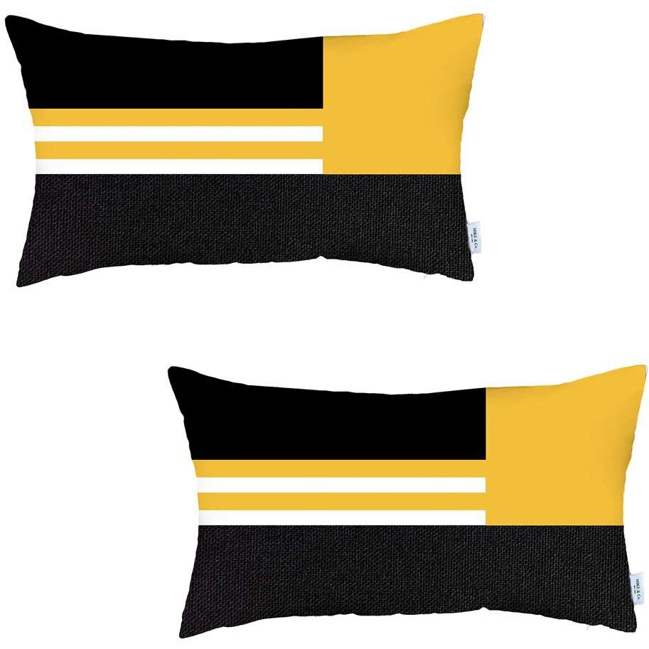 Set Of 2 Yellow Geometric Lumbar Pillow Covers