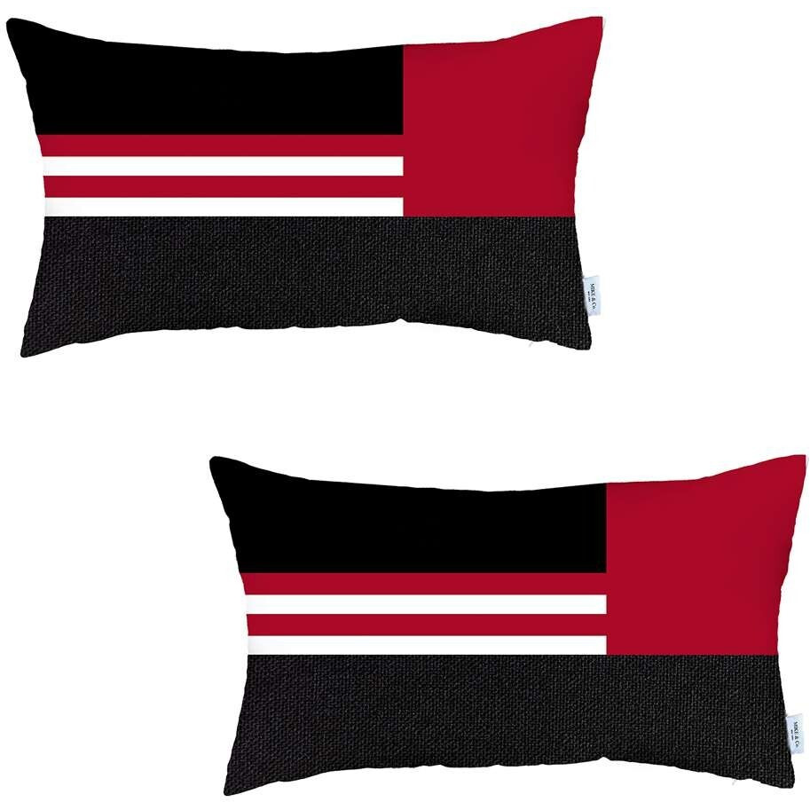 Set Of 2 Red Geometric Lumbar Pillow Covers