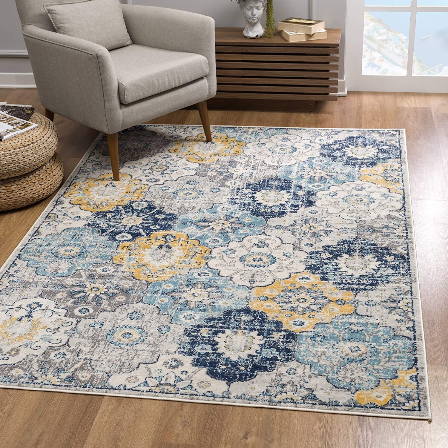 2 X 8 Blue Distressed Floral Runner Rug