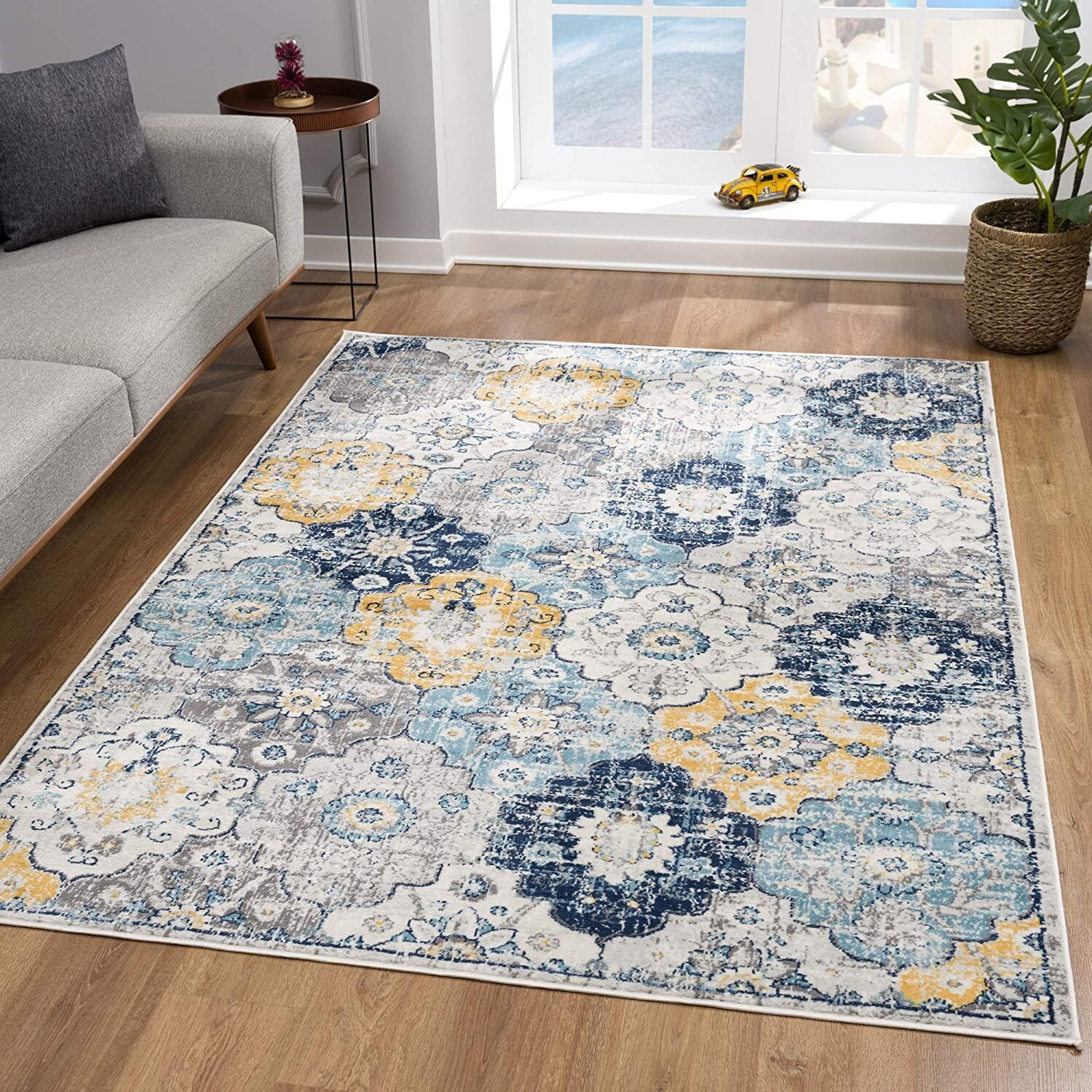 2 X 8 Blue Distressed Floral Runner Rug