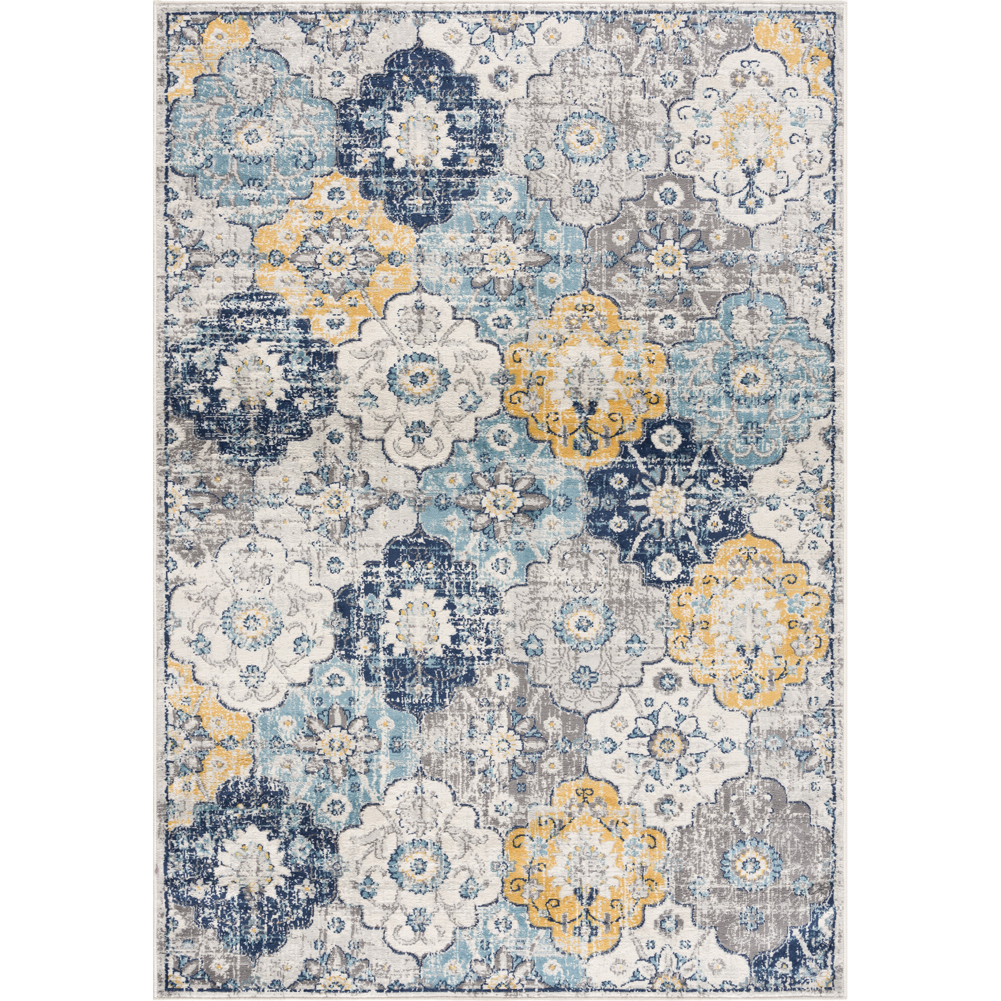 8 X 11 Blue Distressed Floral Area Rug