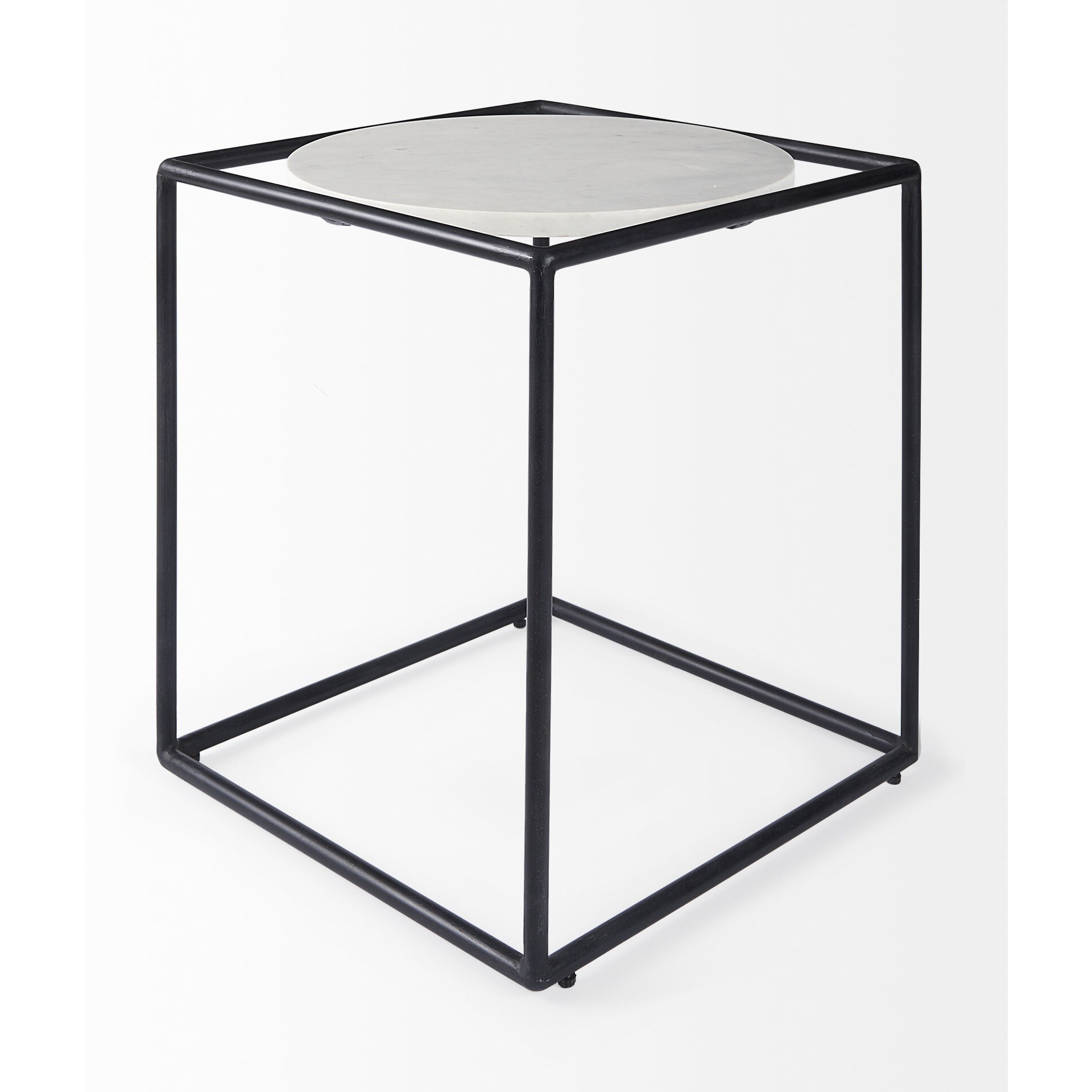 Suspended White Marble Black Metal Geo Side Table