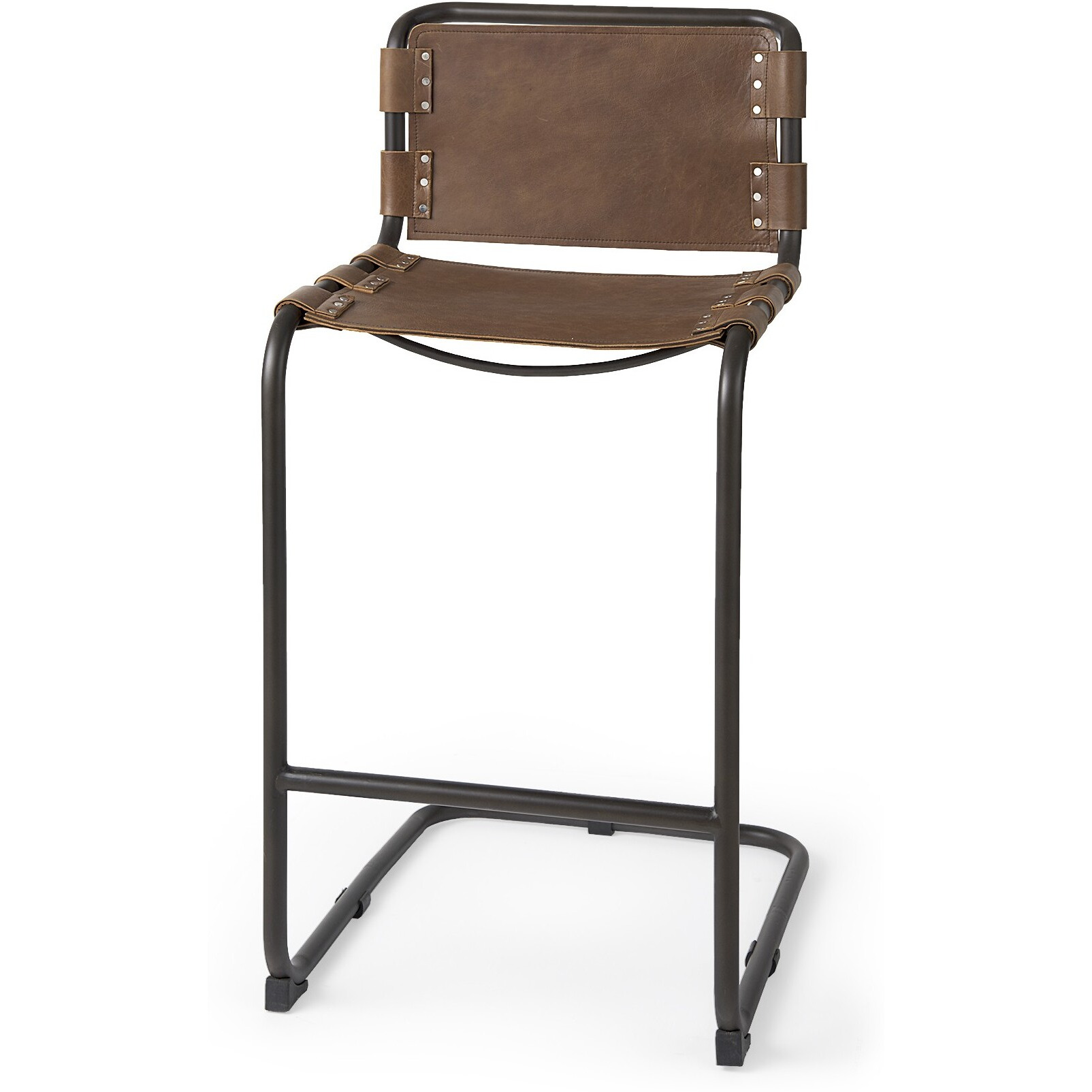 Light Brown Leather Iron Framed Bar Stool