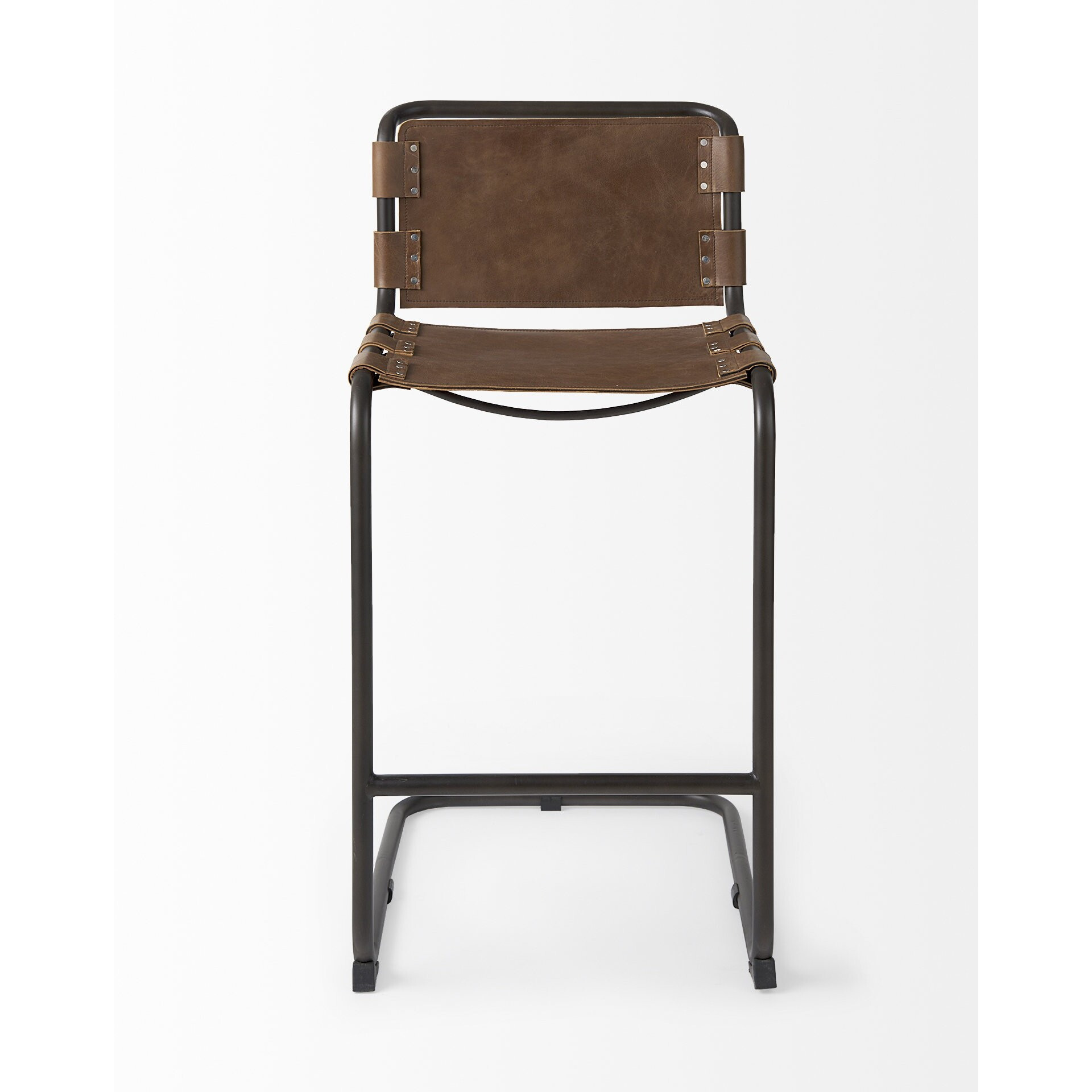 Light Brown Leather Iron Framed Bar Stool
