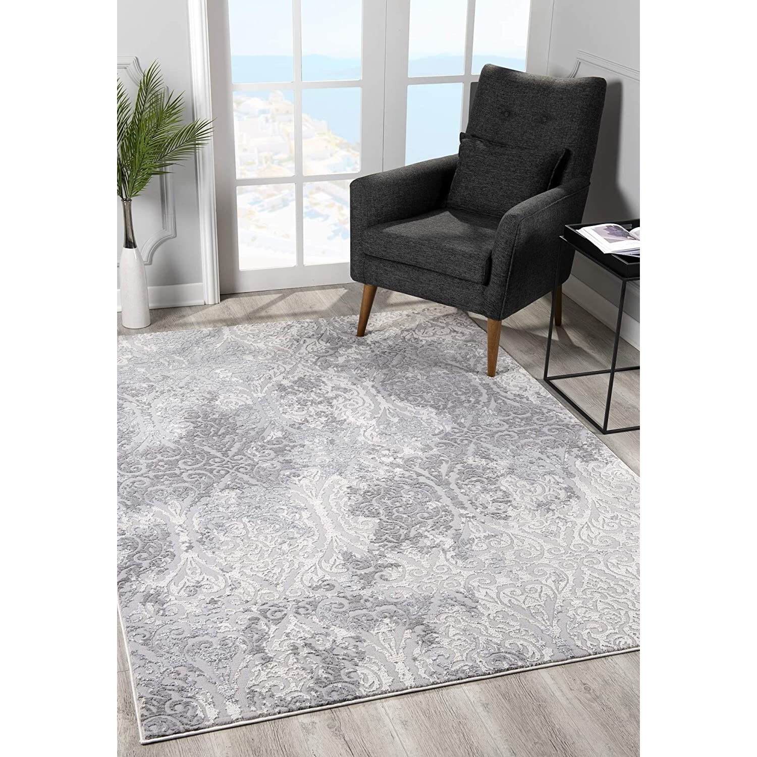 5 X 8 Cream And Gray Tinted Ogee Pattern Area Rug