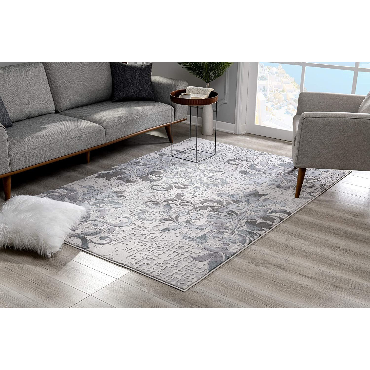 5 X 8 Blue And Gray Floral Filigree Area Rug