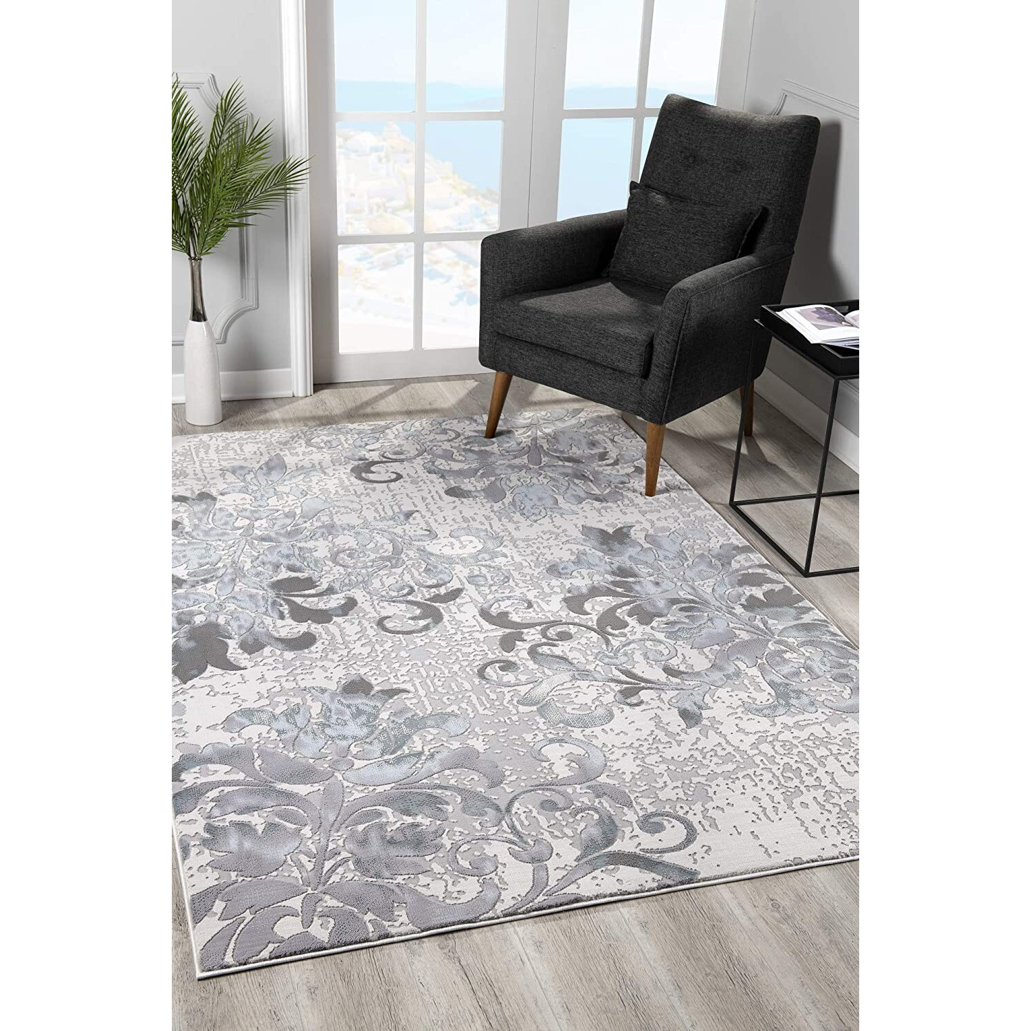 5 X 8 Blue And Gray Floral Filigree Area Rug