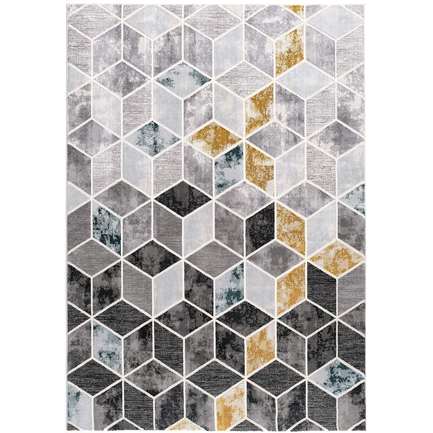 8 X 11 Gray And Gold Cubic Block Area Rug