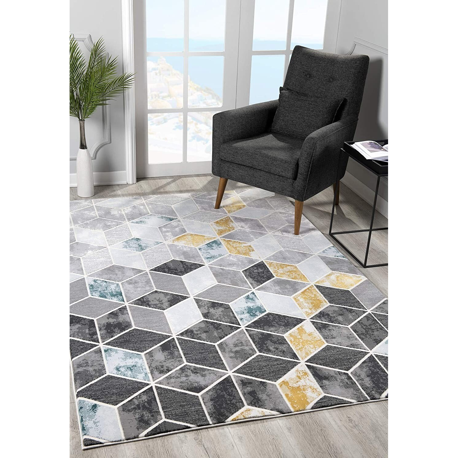 8 X 11 Gray And Gold Cubic Block Area Rug