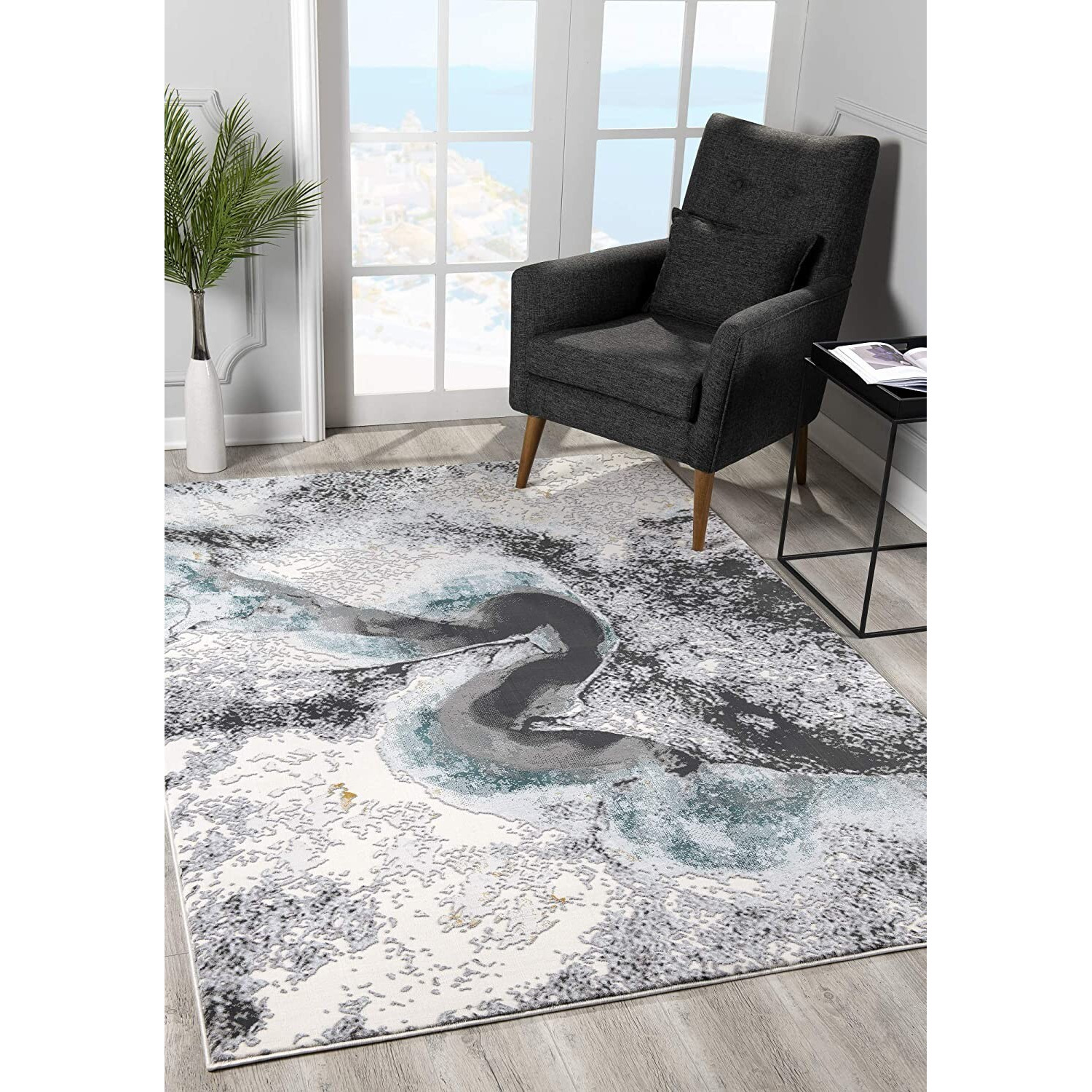 8 X 11 Black And Gray Abstract Whirlpool Area Rug