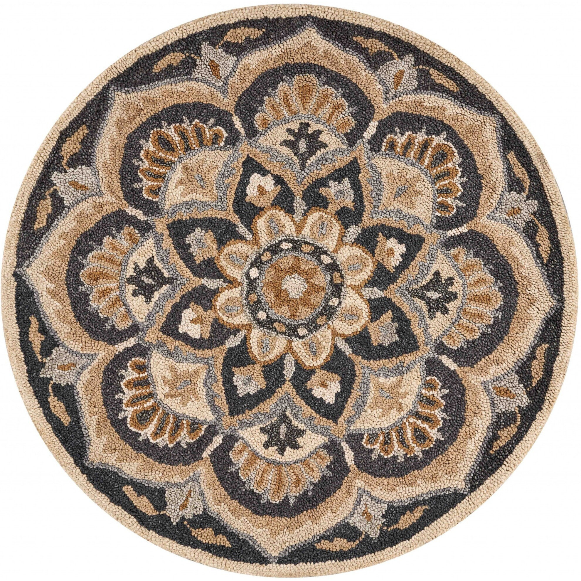 4 Round Black Flower Blossom Area Rug