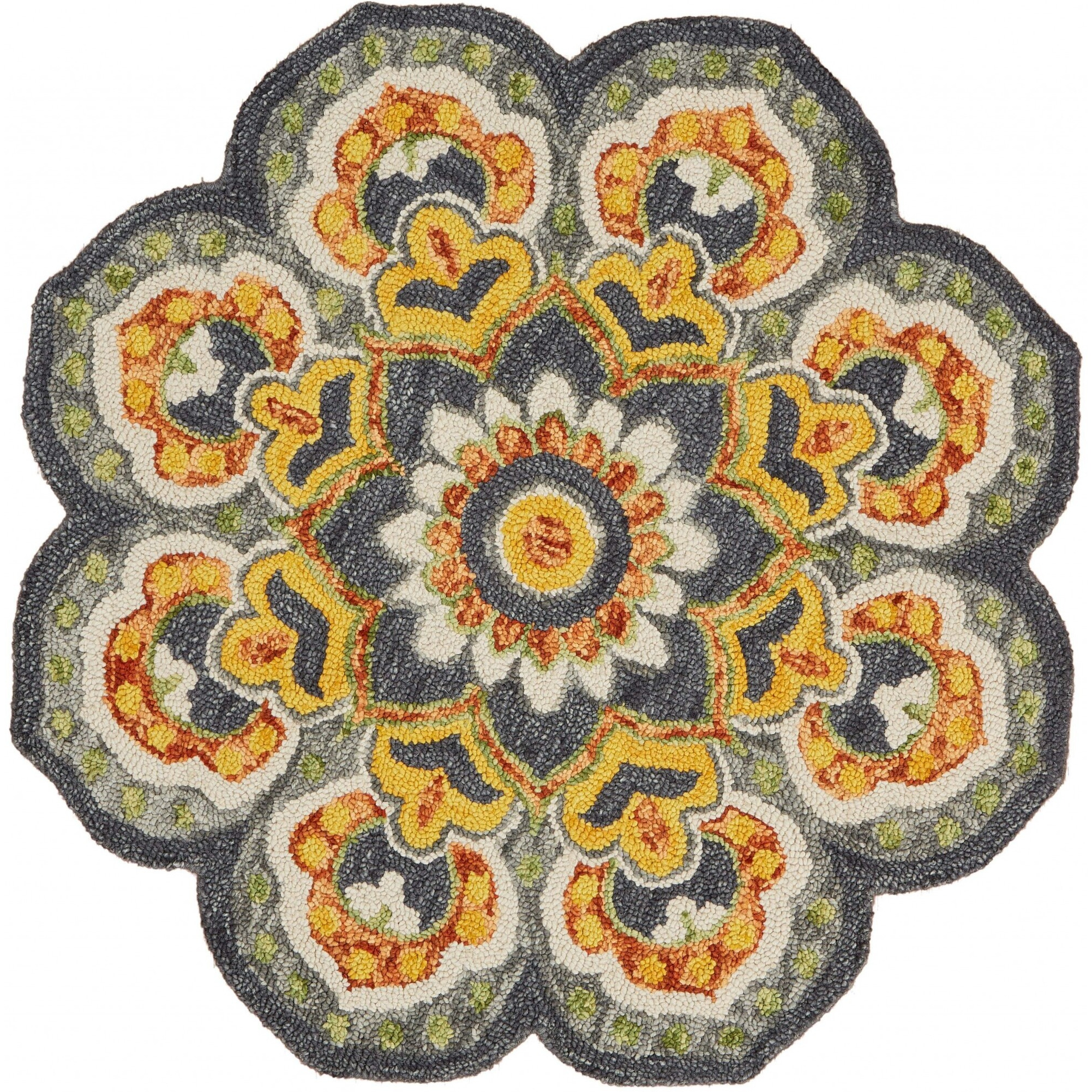 6 Round Gray And Gold Floret Area Rug