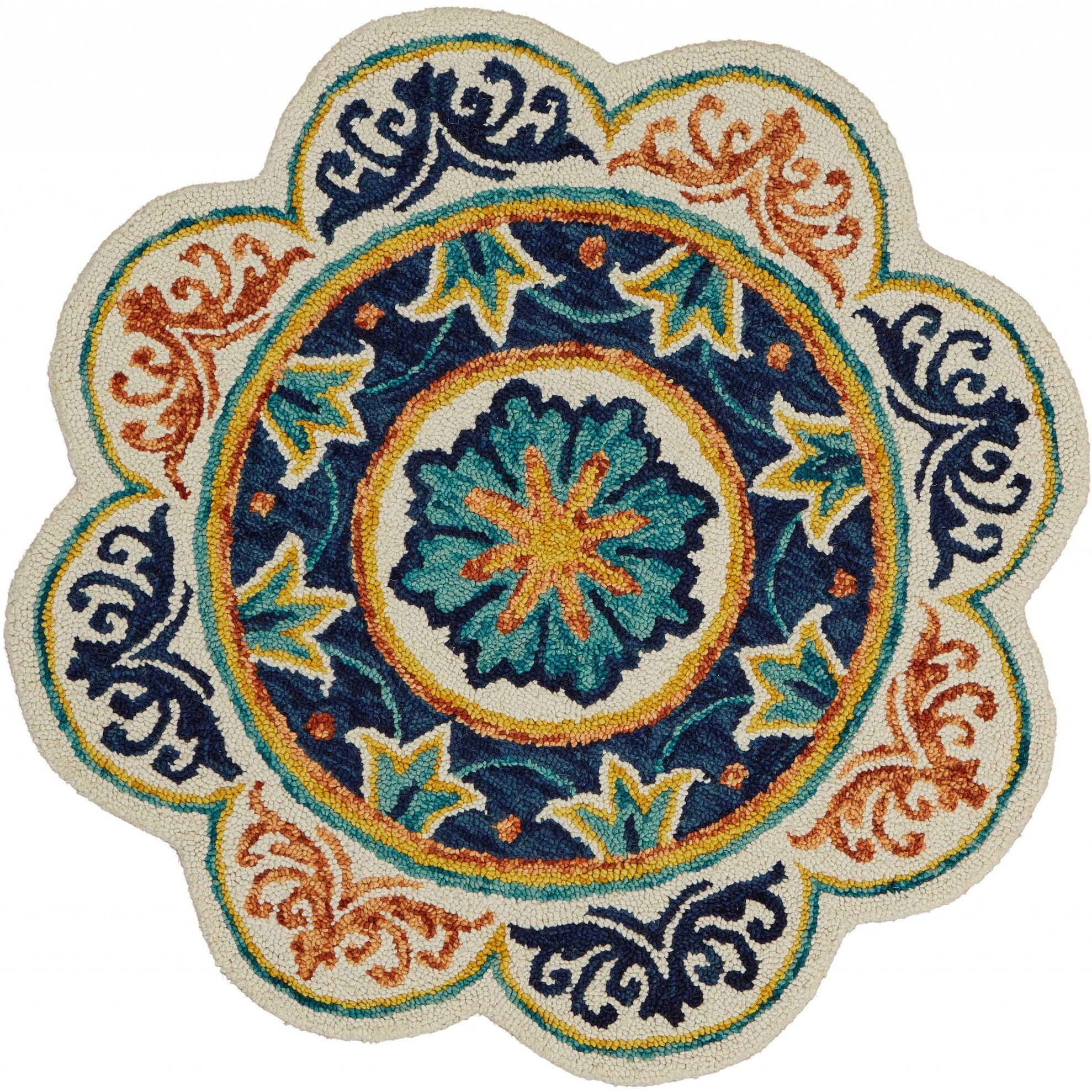 4 Round Ivory And Navy Decorative Area Rug