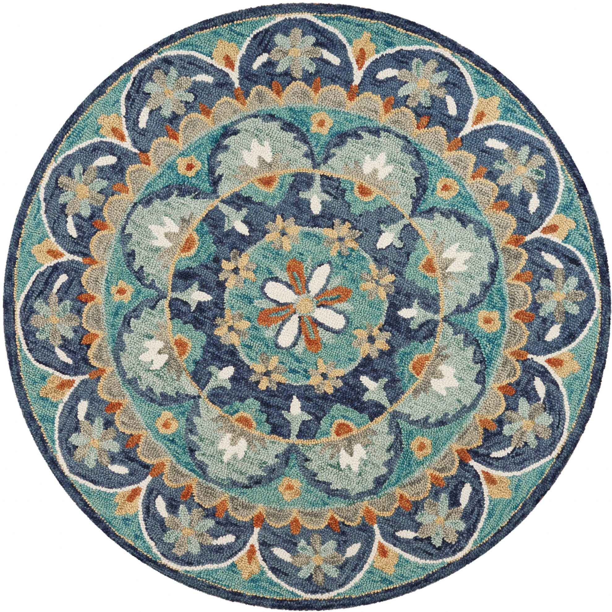 6 Round Blue Floral Mandala Area Rug