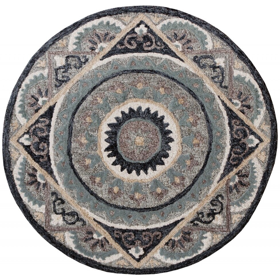 3 Round Gray Geometric Medallion Area Rug